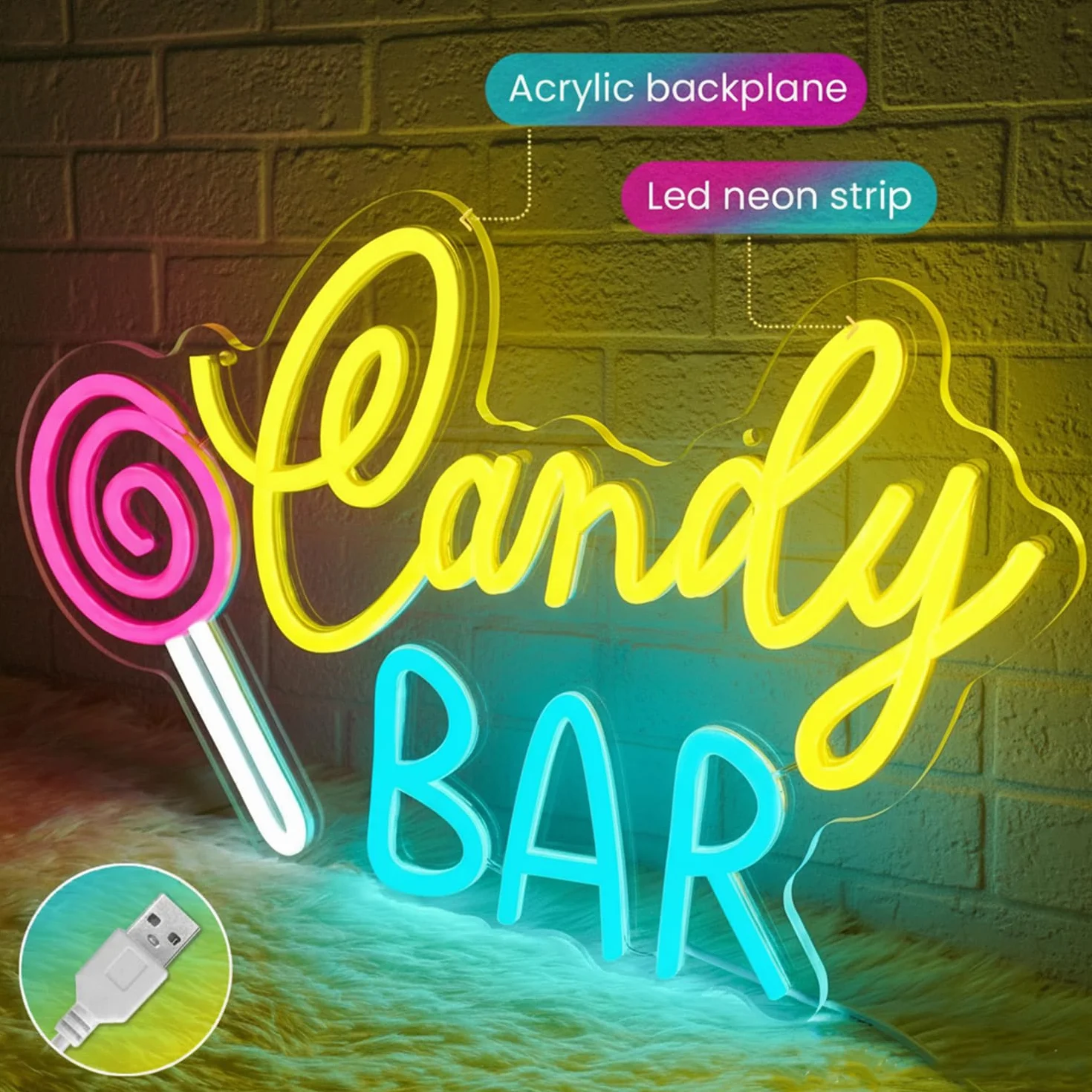 Candy Bar Neon Szyld Lollipop Neon Szyld, Ściemnialny Słodki Led Szyld dla Sklepu ze Słodyczami, Candy Świecący Szyld Ścienny Dekoracja Stołu na Urodziny Wesele Imprezę Sklep z Deserami