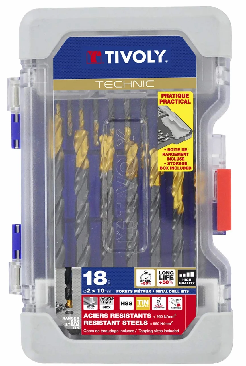 TIVOLY Coffret Forets Métaux Haute Performance - Pour Perçage Métaux, Cuivre, aluminium, Fonte, INOX - 18 Forets HSS Ø 1/31,8 cm à 3/20,3 cm