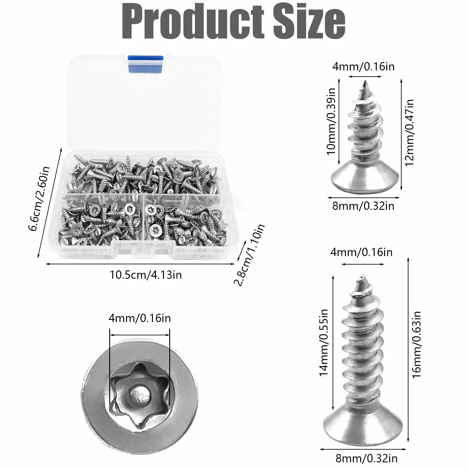 180 sztuk wkrętów do drewna, ze stali nierdzewnej, Torx, uniwersalne wkręty do płyt wiórowych, wkręty Torx, 4 x 12 mm i 4 x 16 mm, wkręty do drzwi, okien i mebli, 180 sztuk