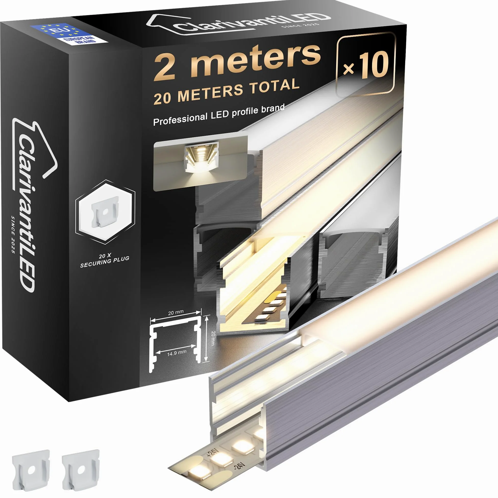 Profile aluminiowe do taśm LED 3 (20 x 20 mm U-Form, 10 × 2 metry)