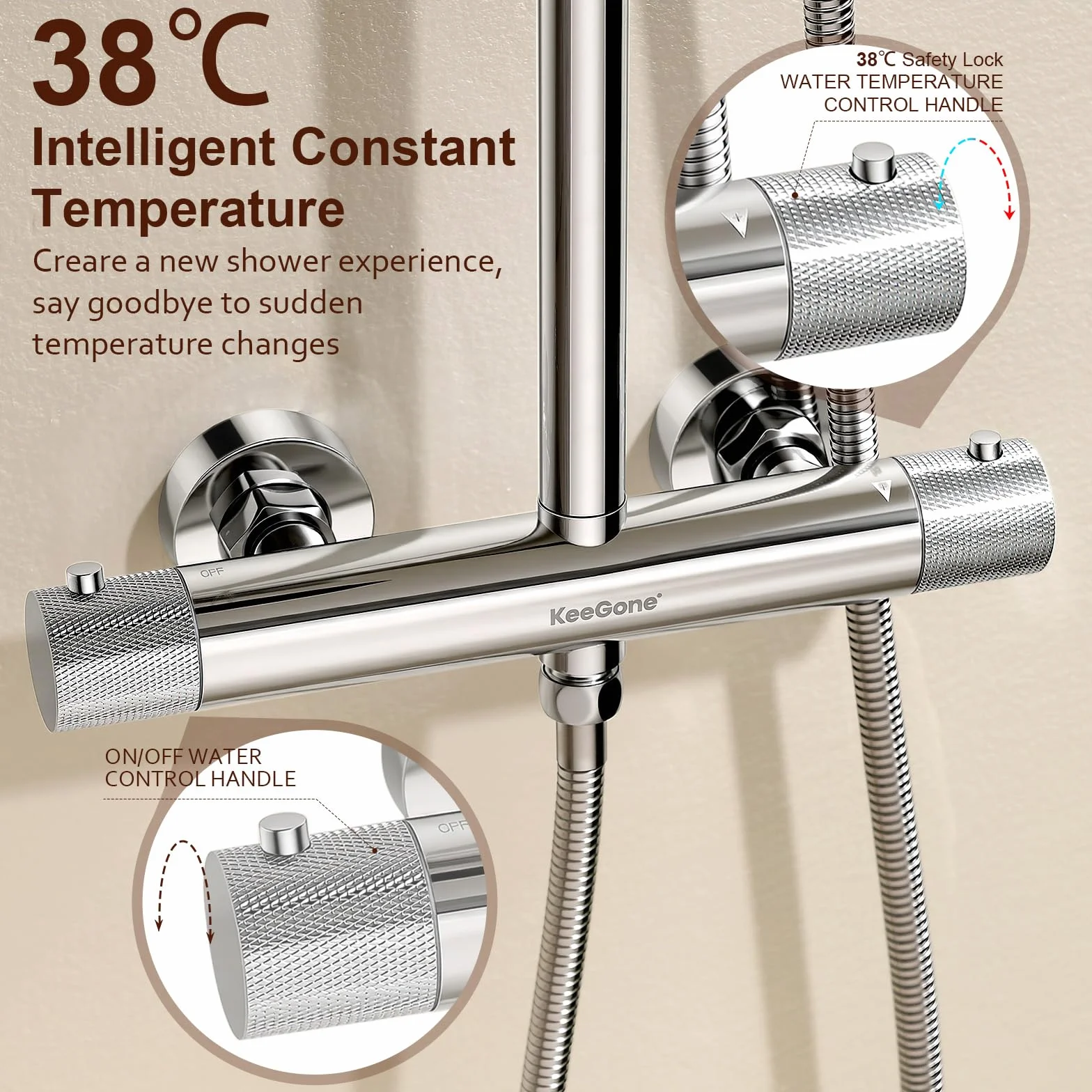 System prysznicowy z termostatem, ze stali nierdzewnej, deszczownica, 25 cm, 3 rodzaje strumienia, kompletny zestaw z regulacją wysokości z ochroną przed oparzeniami, oszczędność wody, łatwa