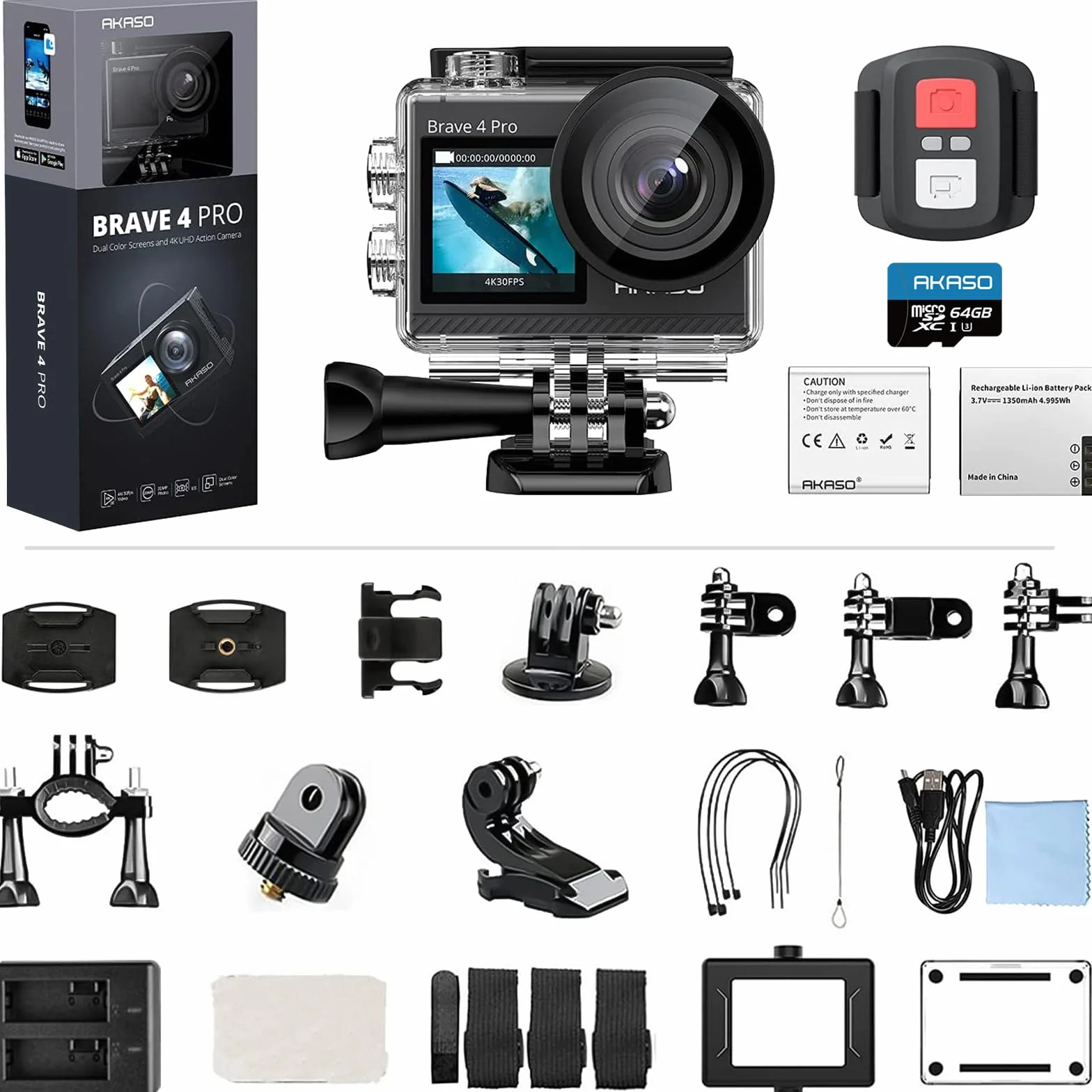 AKASO Brave 4 Pro Action Cam 4K 30FPS 20MP z kartą U3 40m, ekran dotykowy Ultra HD, 170° EIS, zoom 5x, pilot 2,4G