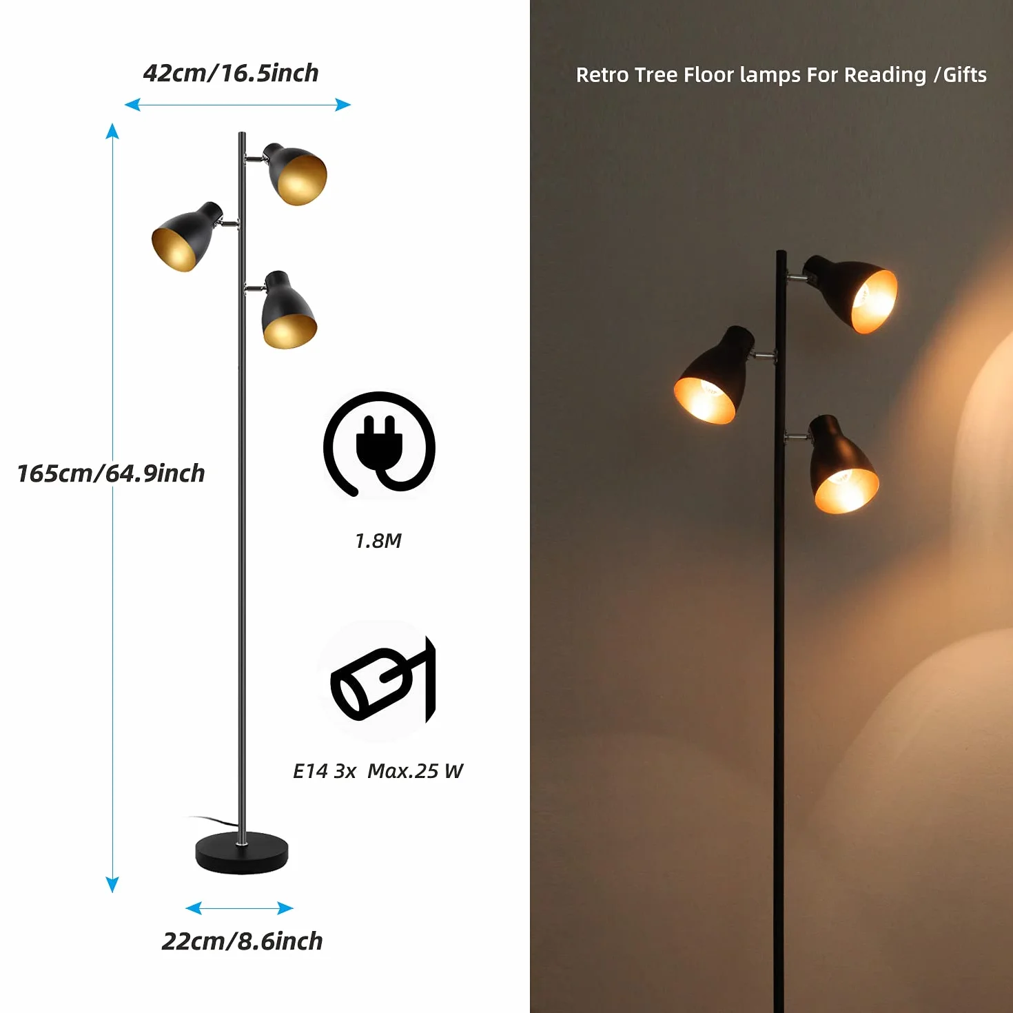 Lampa stojąca do czytania drzewo, czarno-złota, 3 regulowane światła | Metal retro, E14, 168 cm, niezależne sterowanie, do salonu i sypialni