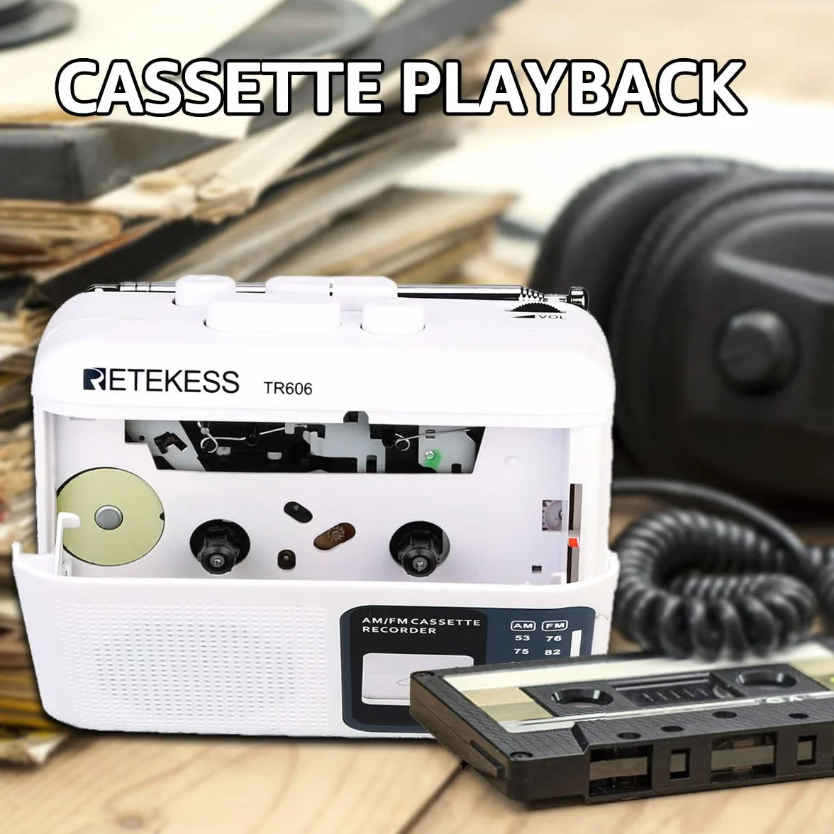 Retekess TR606 Przenośny Odtwarzacz Kaset Magnetofon Radio FM AM Gniazdo Słuchawkowe 3,5 mm Szybkie Przewijanie Biały