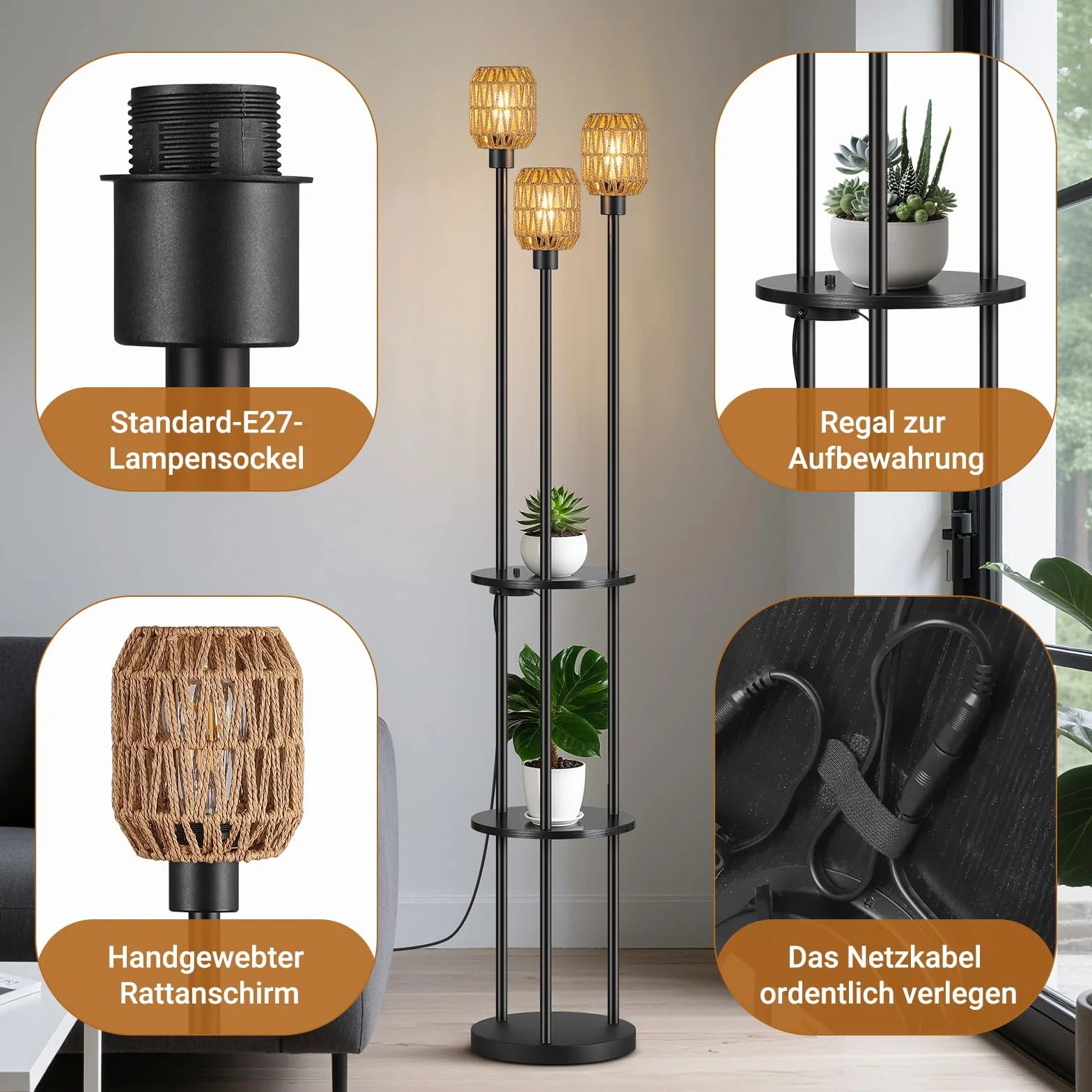Lampa stojąca do salonu, vintage, 3-punktowa, do sypialni i biura | Abażur rattanowy w stylu boho, dwuwarstwowy regał, przełącznik obrotowy, 0%-100% bezstopniowe ściemnianie, zawiera żarówkę