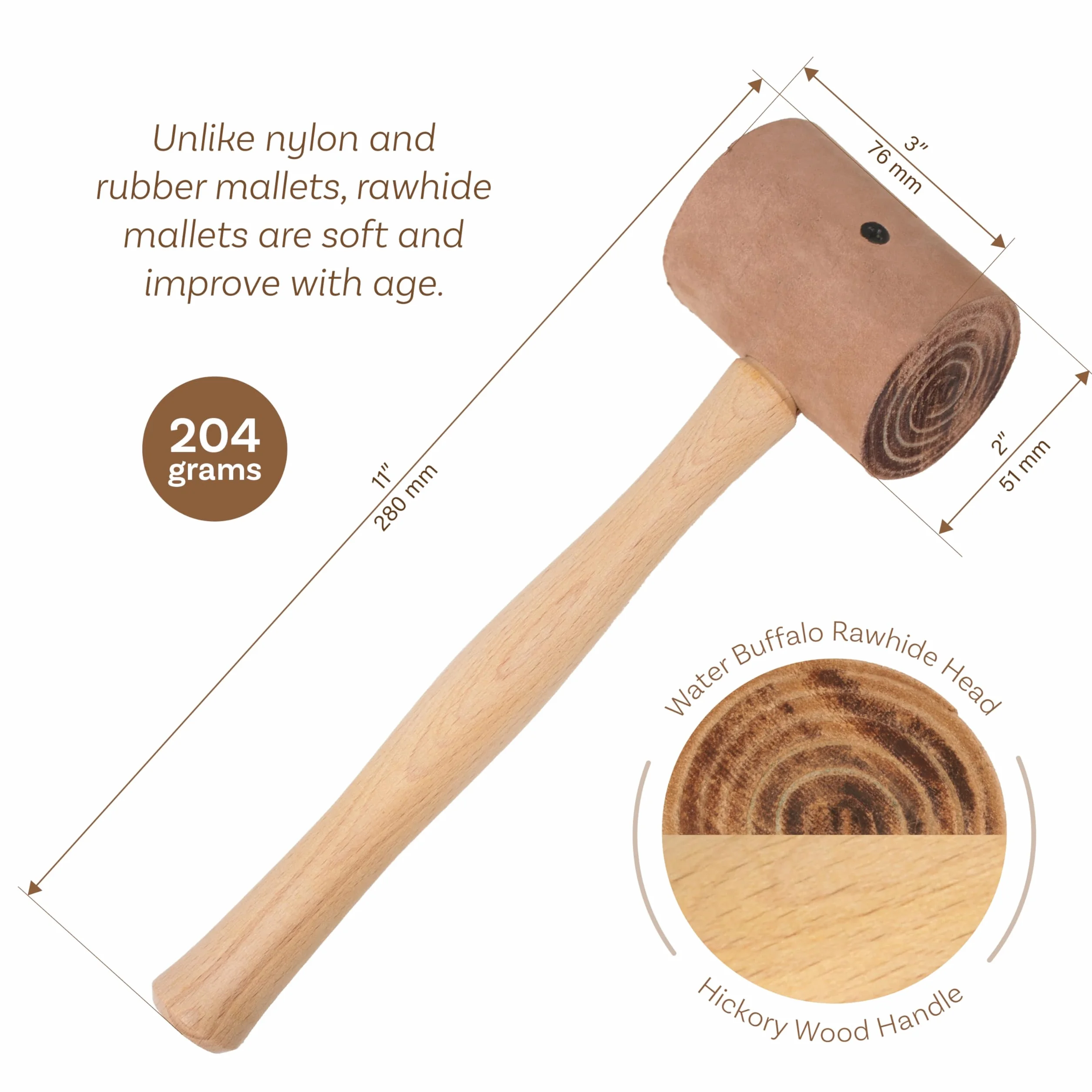 The Beadsmith Młotek do surowej skóry – 100% naturalne narzędzie rzemieślnicze z głową surowej skóry o średnicy 5 cm i uchwytem hikory, zapobiega marszczeniu i zadrapaniom metalu, nadaje się do