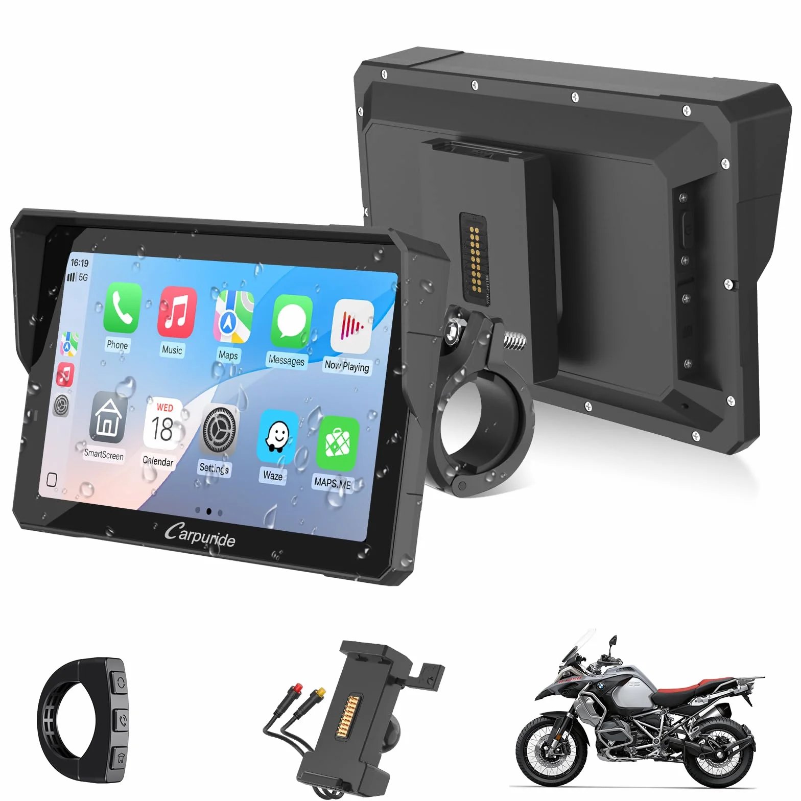 CARPURIDE W702S Pro Moto Carplay ekran 7" bezprzewodowy CarPlay Android Auto wodoodporny dotykowy podwójny Bluetooth