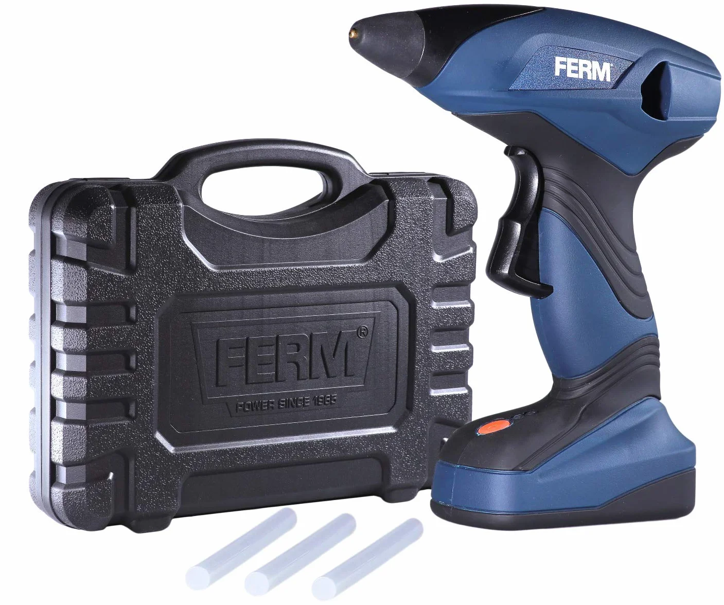 FERM GGM1003 pistolet do szybkiego podgrzewania litowo-jonowego 1,5 Ah z 3 patyczkami klejowymi i ładowarką, 7,2 V, niebieski