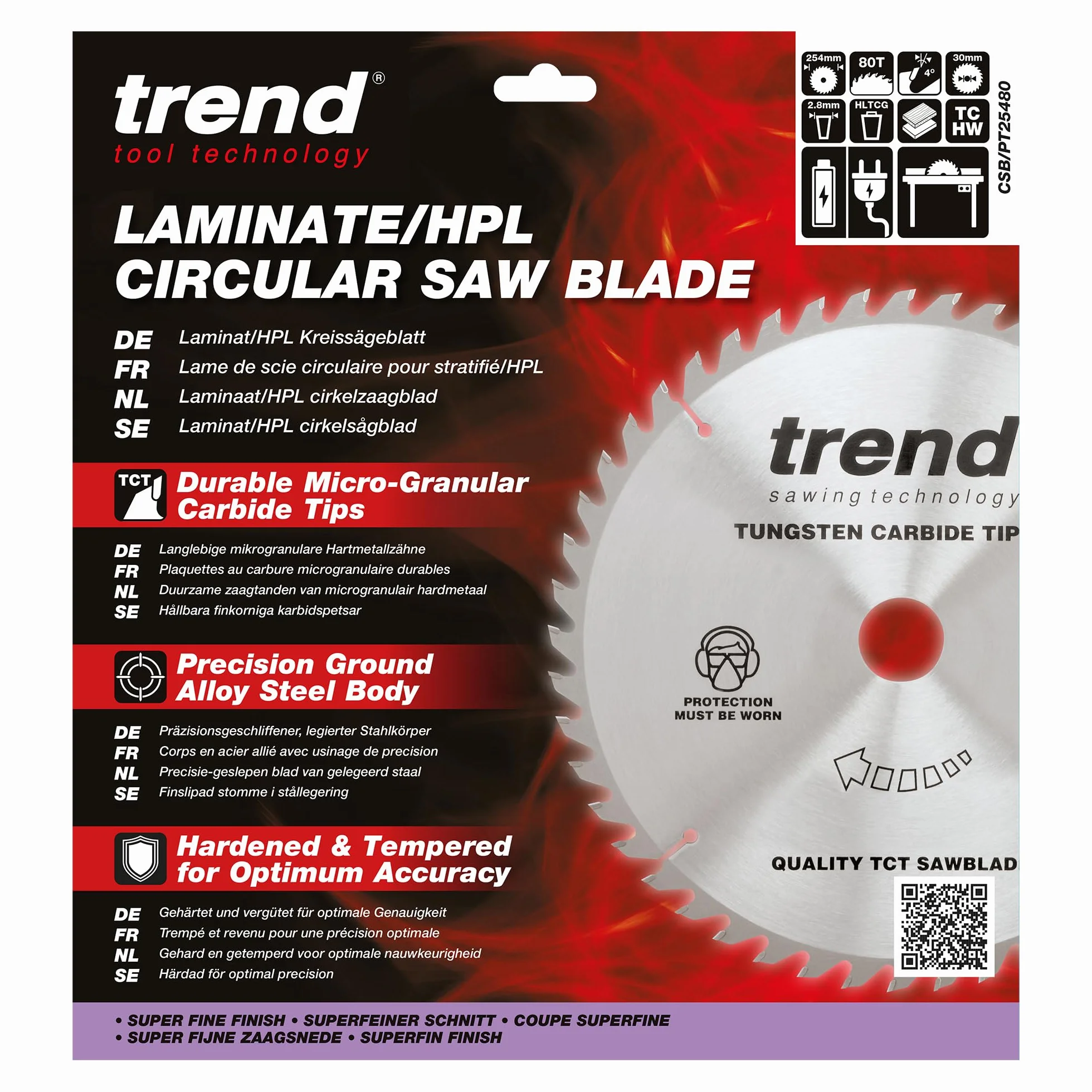 Trend Brzeszczot do piły tarczowej do laminatu i HPL, średnica 254 mm, otwór 30 mm, 80 zębów, 2,8 mm szczelina tnąca, hak 4°, TCT, bardzo cienka powierzchnia, CSB/PT25480
