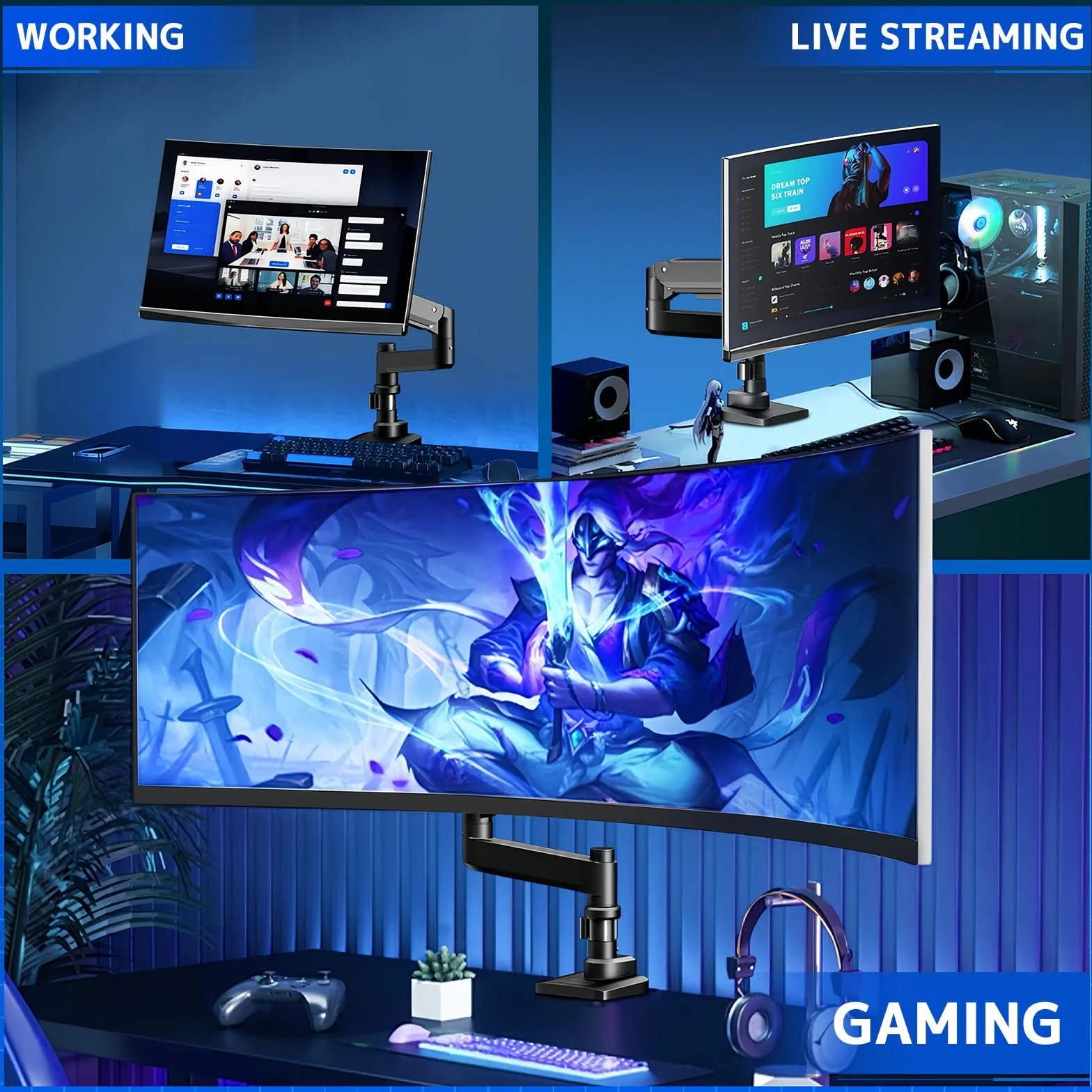 Ultrawide uchwyt na monitor wytrzymałe ramię sprężynowe gazowe do monitorów 17-57 cali nośność 2-20 kg VESA 75/100 mm czarny