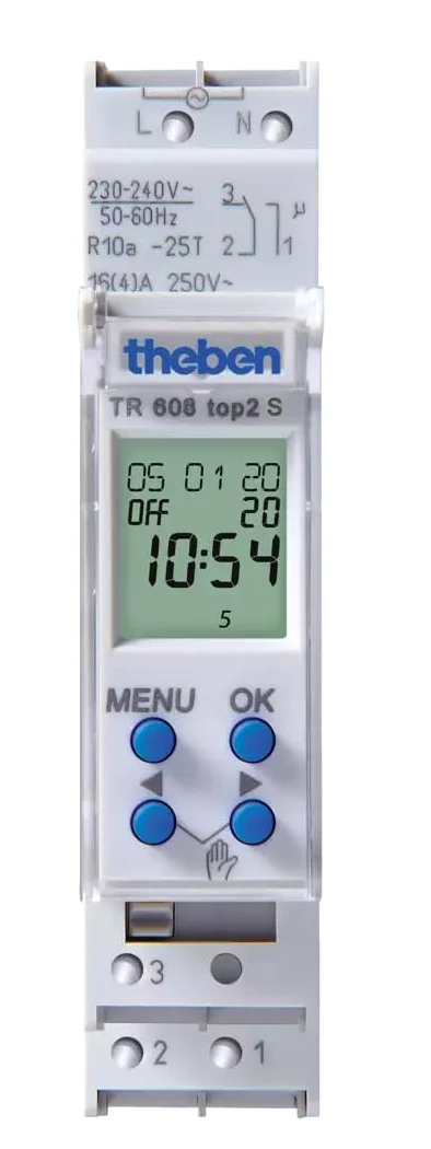 Theben 6080101 TR 608 top2 S cyfrowy programator czasowy 1-kanałowy | 60 W LED, rezerwa chodu 10 lat, dokładność +/- 0,25 s/dzień, szyna DIN, 56 miejsc pamięci, praca ciągła