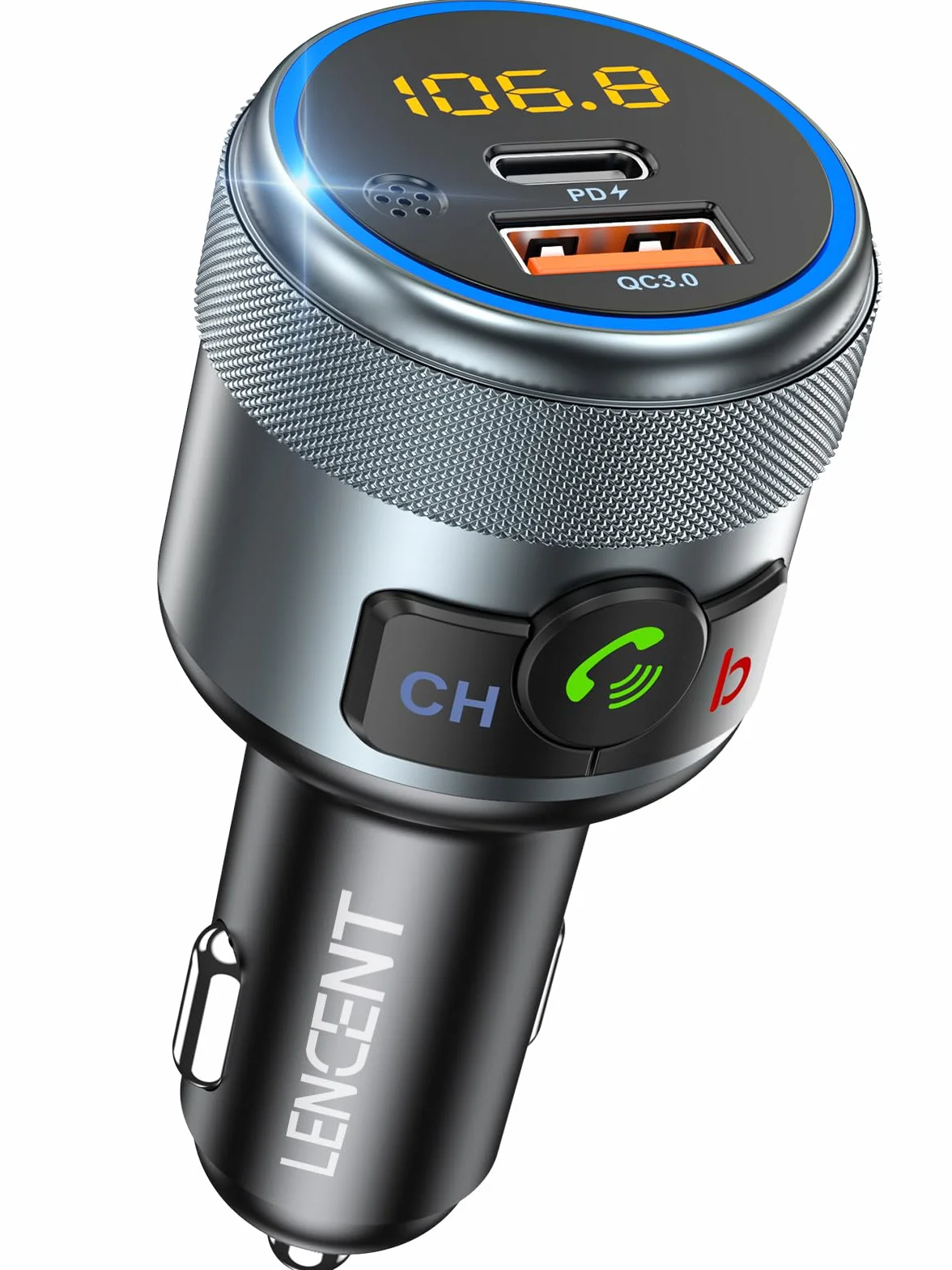 LENCENT 5.1 Nadajnik FM Bluetooth Samochodowy Bezprzewodowy Adapter Radiowy z PD3.0 USB-A i QC3.0 USB-C Ładowarka
