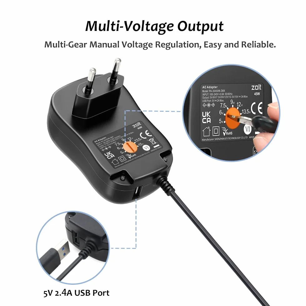 Zolt 45W Uniwersalny Zasilacz AC DC 5V-15V 3A z USB 5V 2.4A 10 Wtyczek DC
