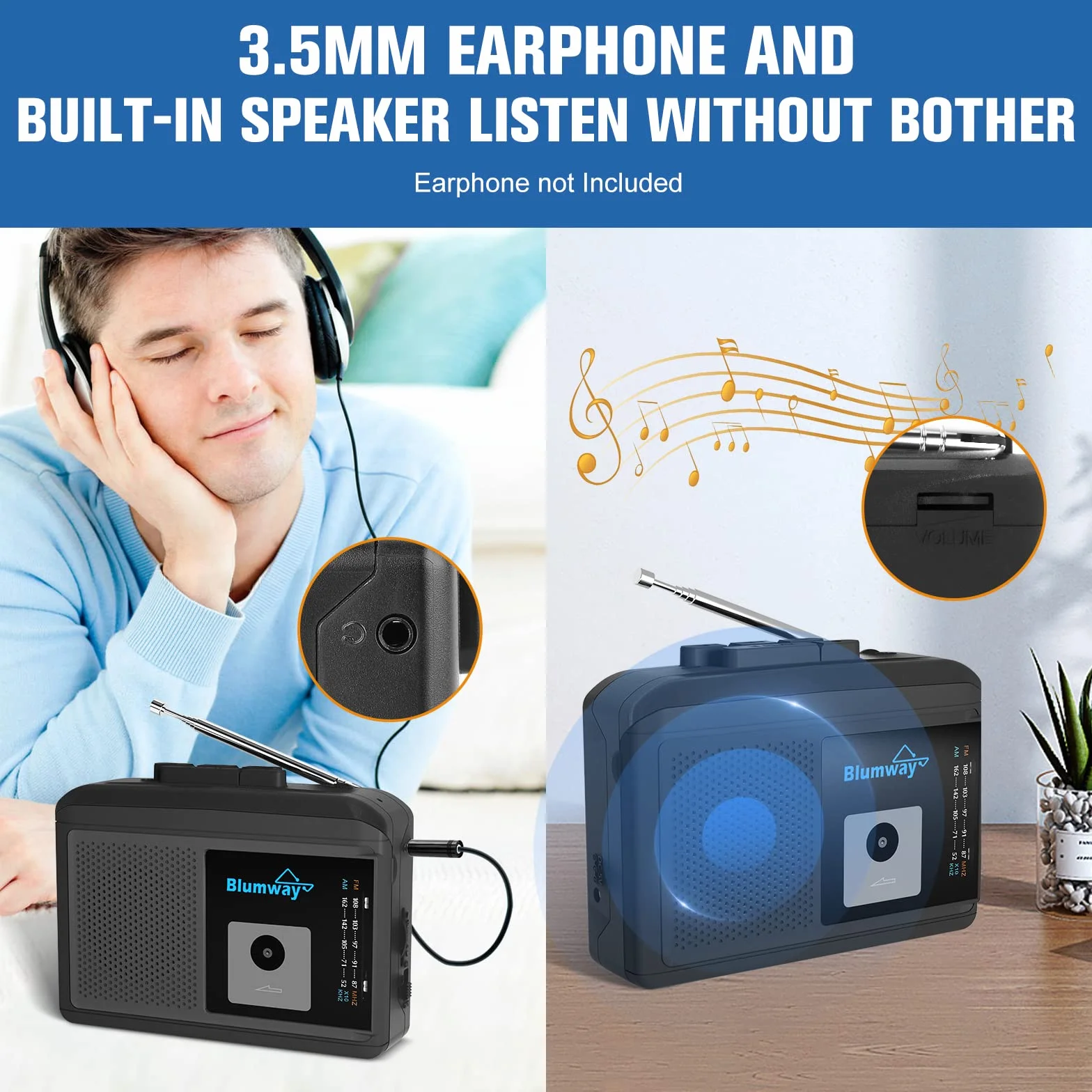 BlumWay Bluetooth przenośny odtwarzacz kasetowy retro AM/FM stereo z głośnikiem