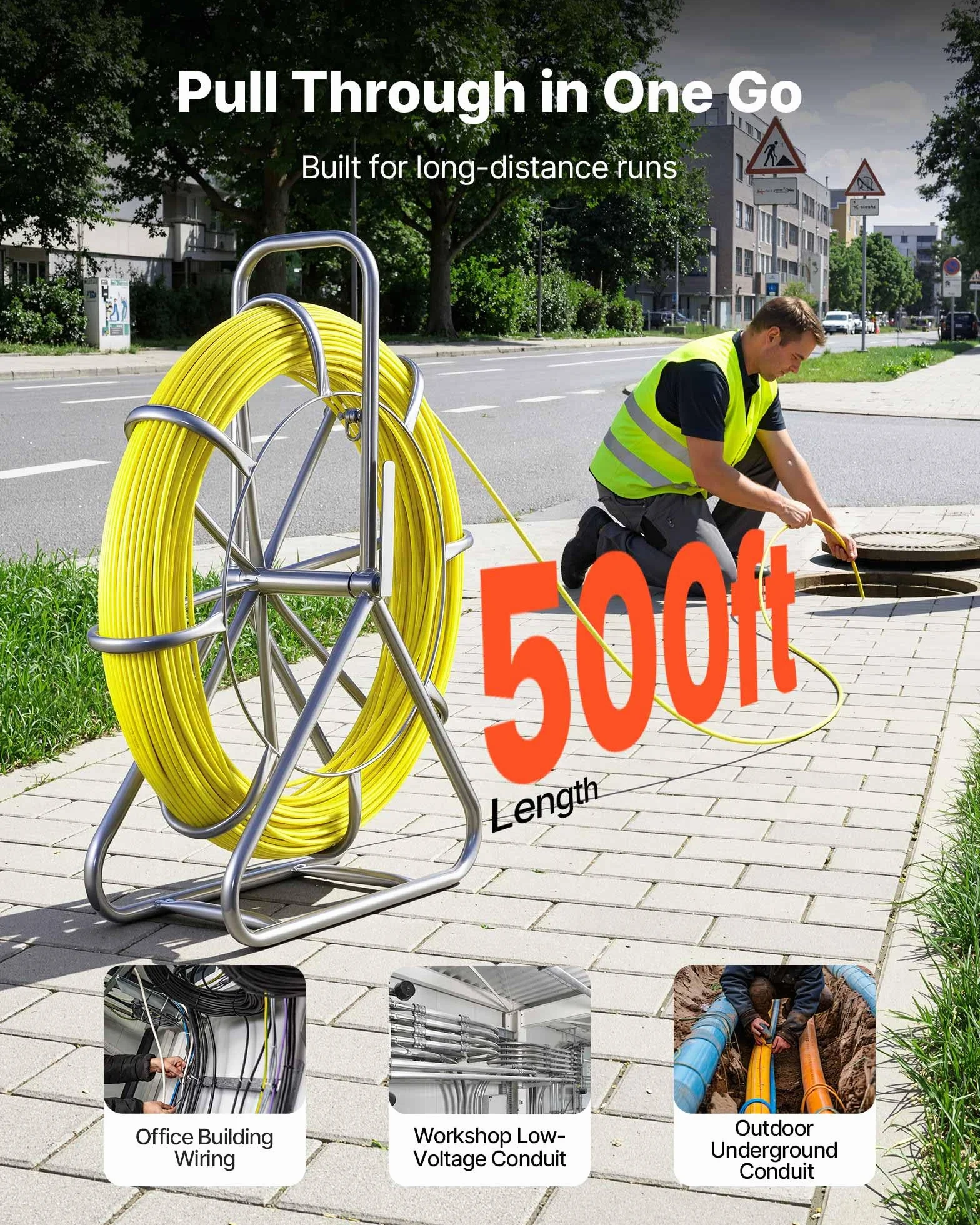 VEVOR Prowadnica kablowa 6,3 mm 152 metrów, kabel z włókna szklanego z pojemnikiem, wymienne zaciski, znak długości, narzędzia elektryczne, do montażu ściennego rury elektrycznej