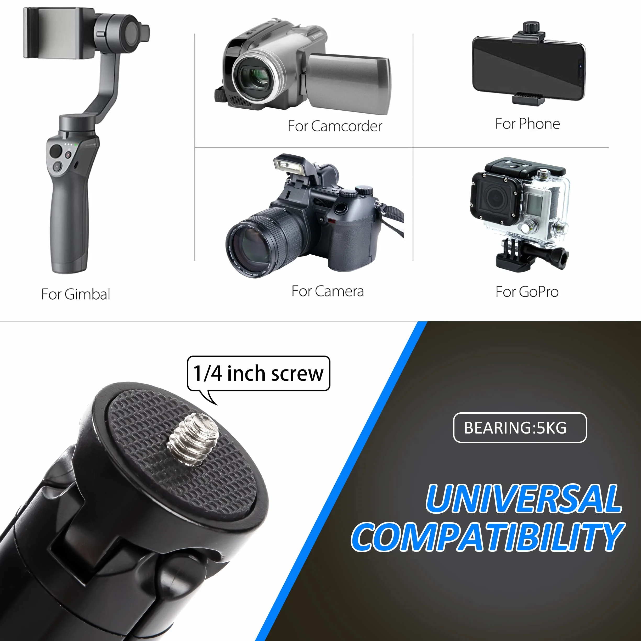 Statyw do smartfona Tripod ze stopu aluminium 1/4" 11 cm czarny