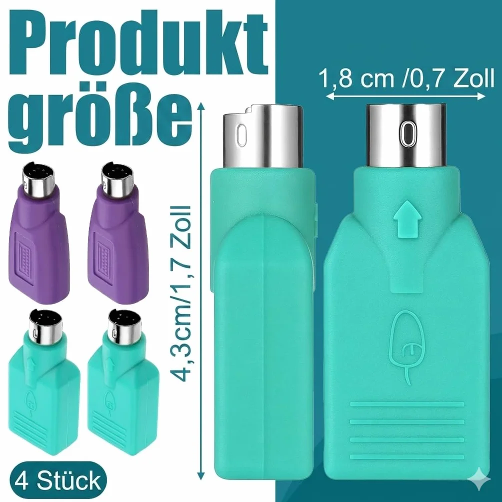 Zestaw 4 adapterów PS2 na USB A, konwerter myszy i klawiatury, gniazdo PS/2 na USB-A