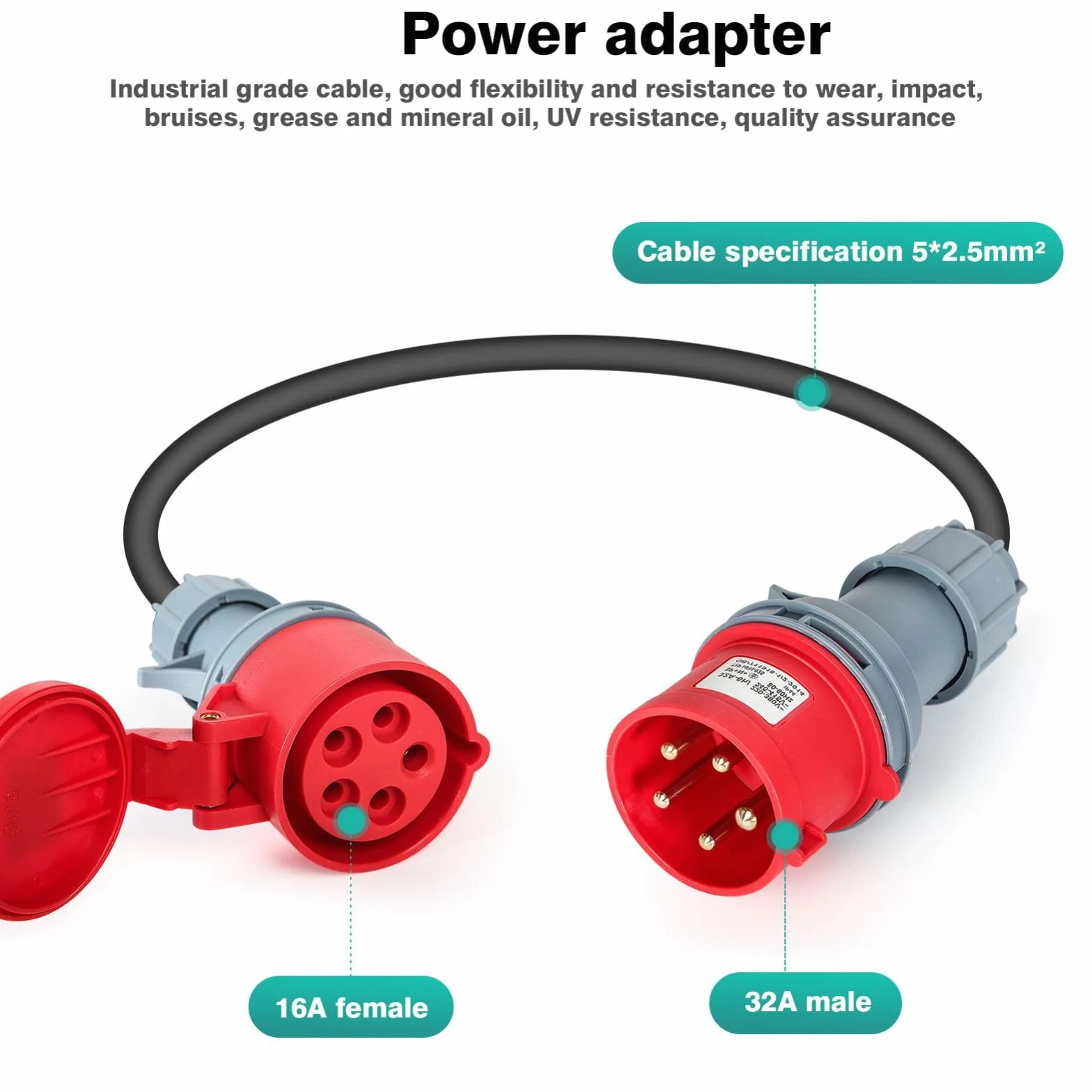 Jadeshay Zasilacz CEE, adapter CEE 32 A męski na 16 A żeński 5-pinowy kabel adaptera wysokiego prądu 32 A na 16 A kabel 1 m 5 x 2,5 mm²