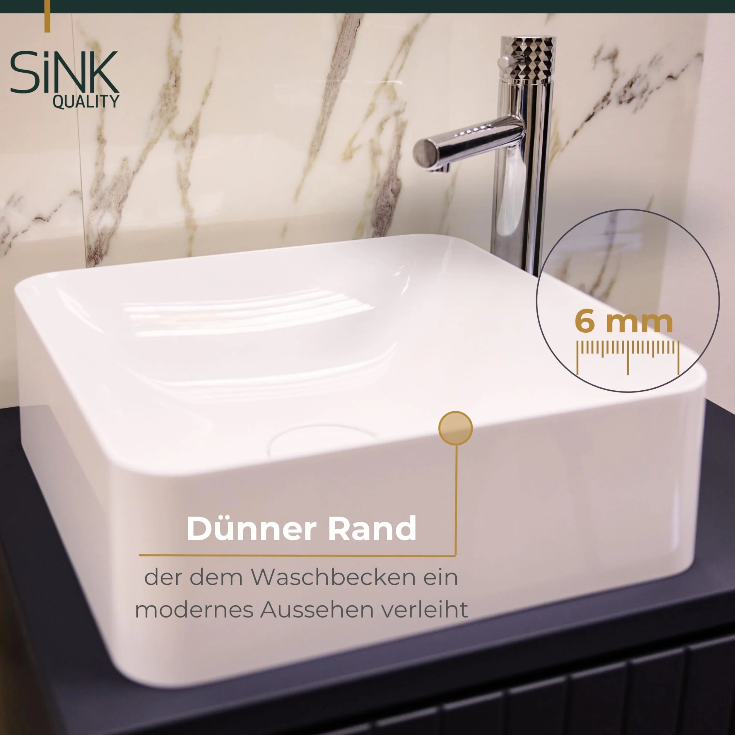 SINK Quality Umywalka nablatowa, biała, z połyskiem, 39 x 39 cm – umywalka kwadratowa bez otworu na kran z kompozytu mineralnego S-MARBLE, umywalka do łazienki i WC dla gości z pokrywą odpływu i