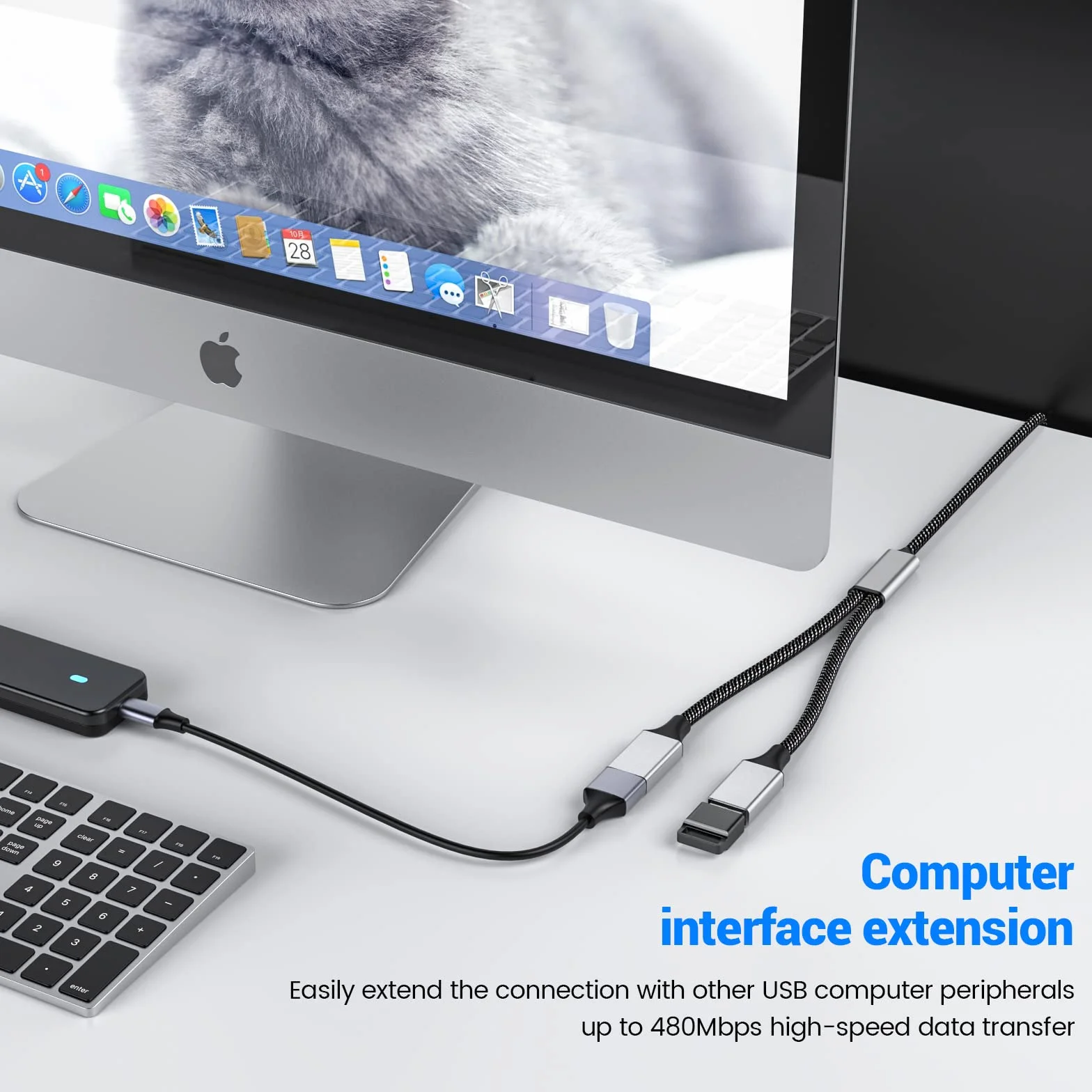MOGOOD Rozdzielacz USB, adapter 1 w 2 wyjścia, podwójny USB 2.0, przedłużacz kabla zasilającego, transfer danych, kompatybilny z laptopem/Mac