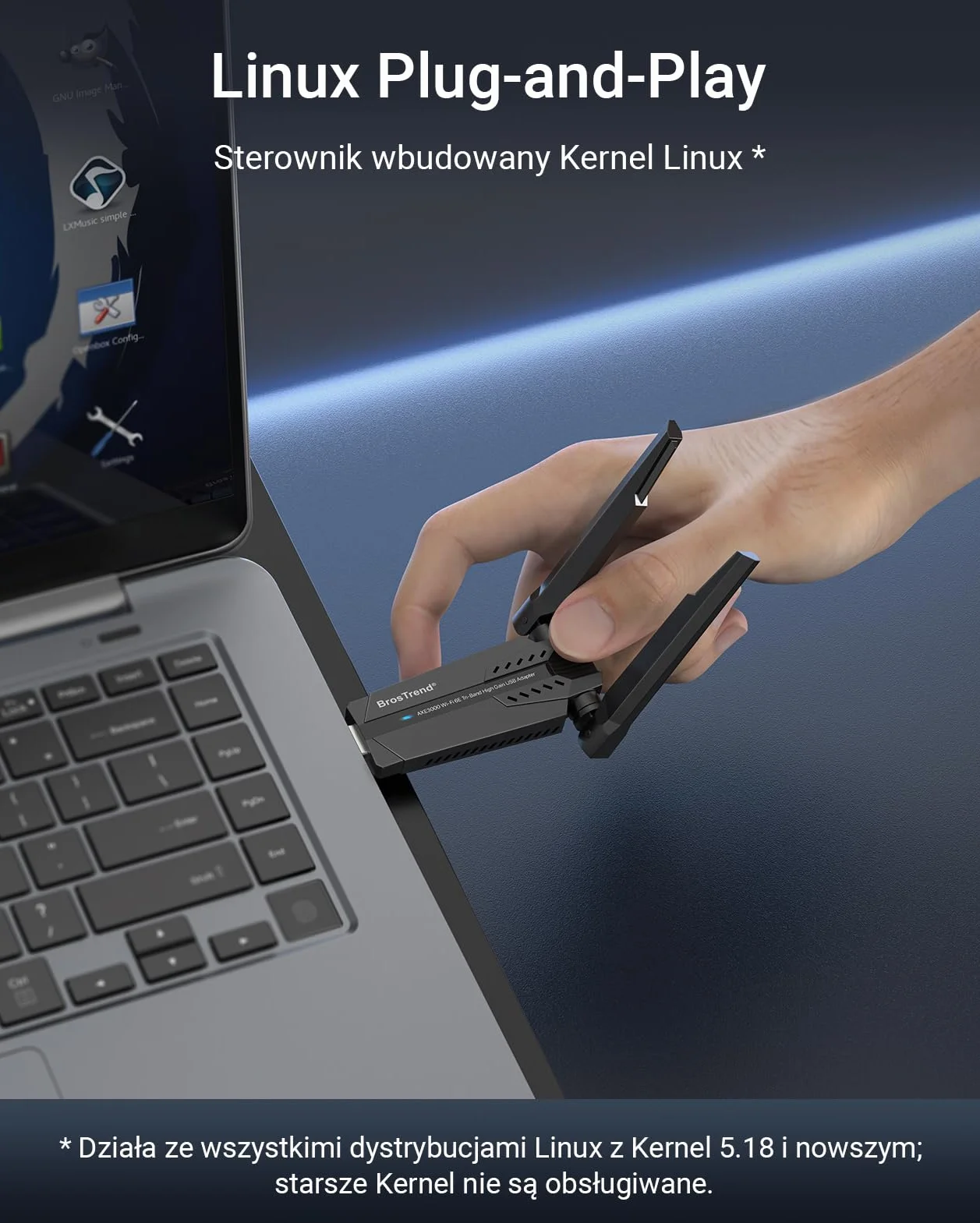 BrosTrend Wi-Fi 6E Linux WiFi Adapter AXE3000, zgodny z systemem Linux WiFi Adapter trójpasmowy bezprzewodowy USB Plug & Play dla Ubuntu, Kali, Fedora, openSUSE, Fedora, Debian, Raspberry Pi itp.