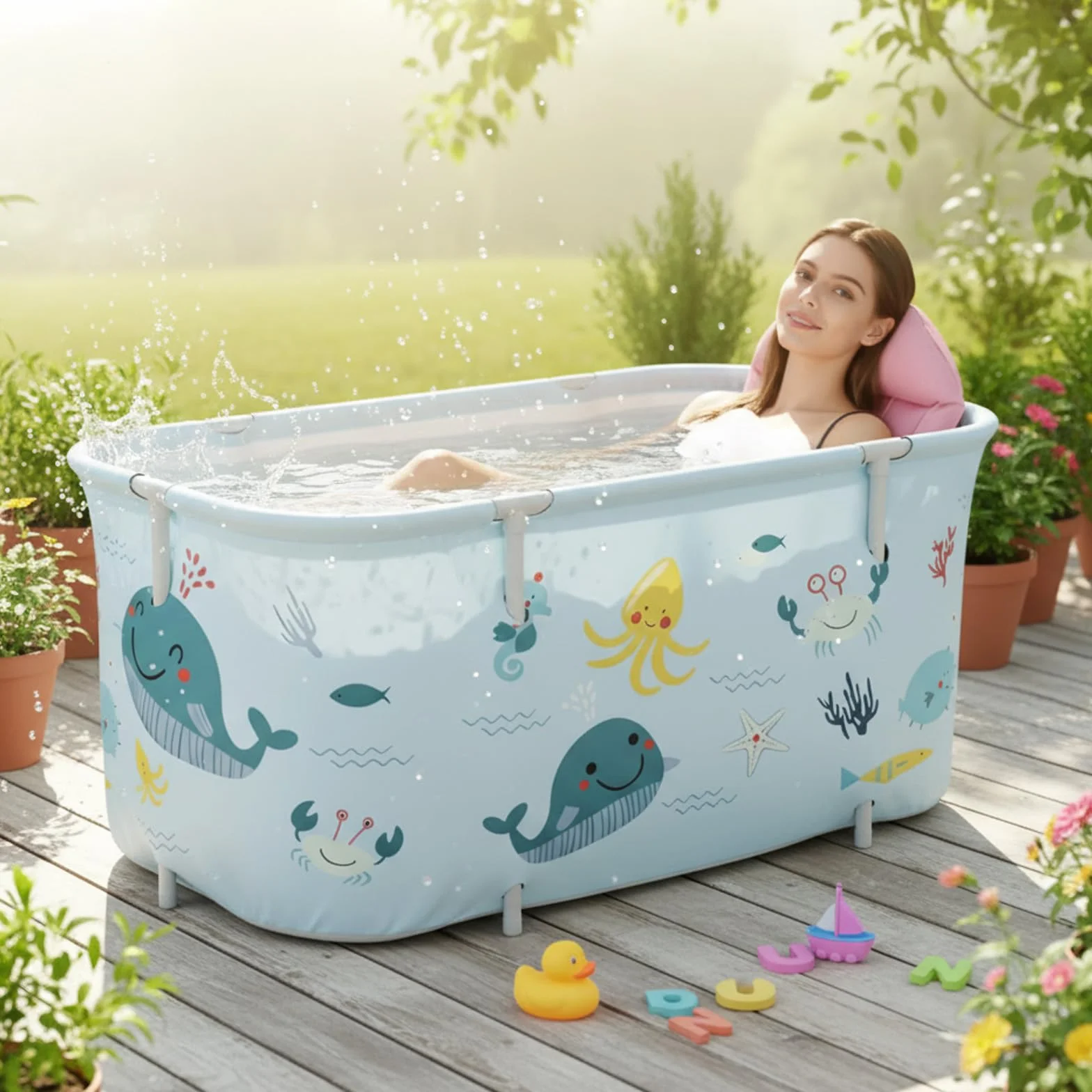 Składana wanna dla dorosłych, 140 x 50 x 55 cm, przenośna, z poduszką i oparciem, wanna SPA do prysznica, wolnostojąca, składana wanna dla dorosłych i dzieci, styl oceaniczny