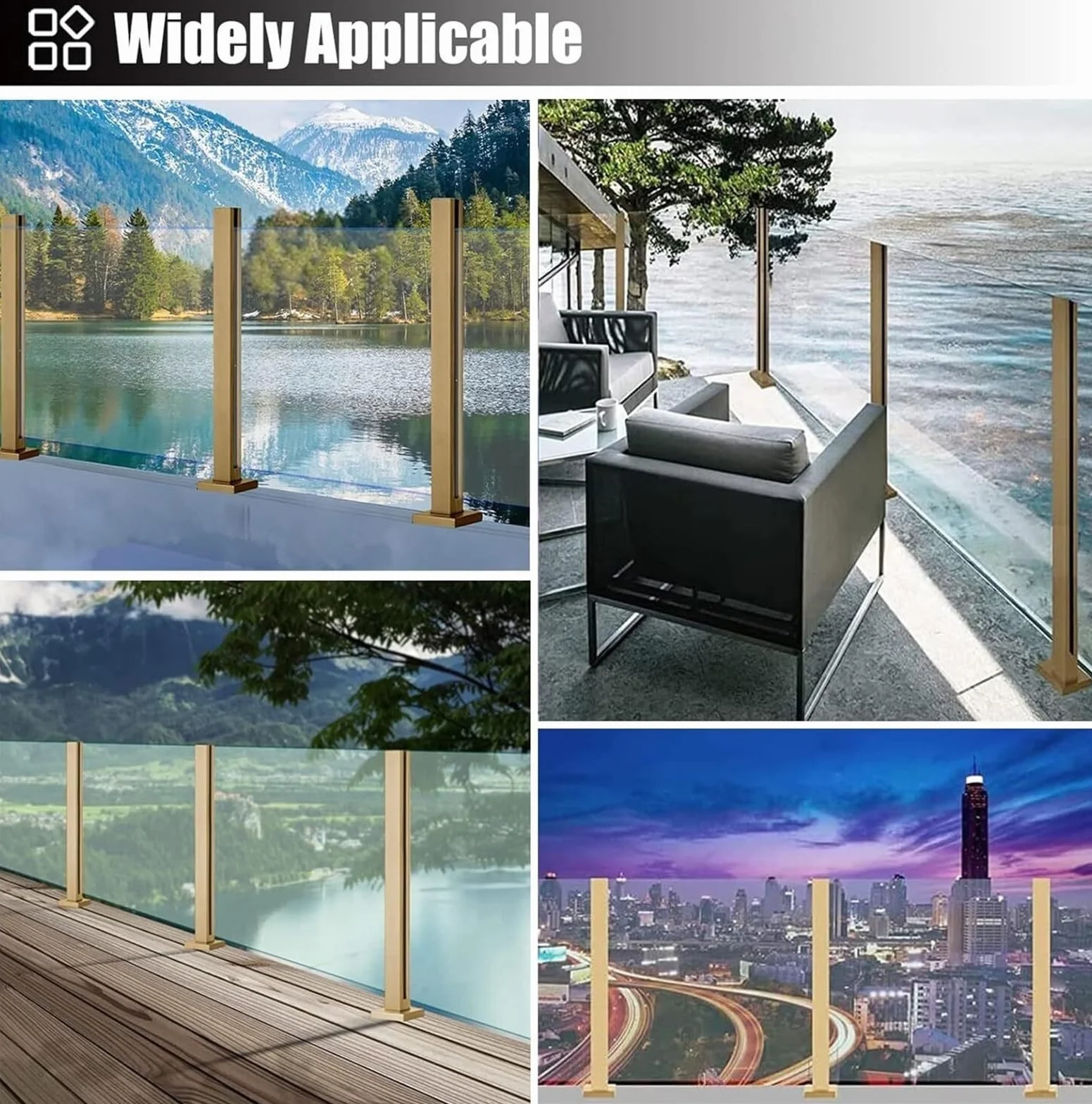 Szklana balustrada taras patio złoty metalowy kwadratowy system balustrad 105cm