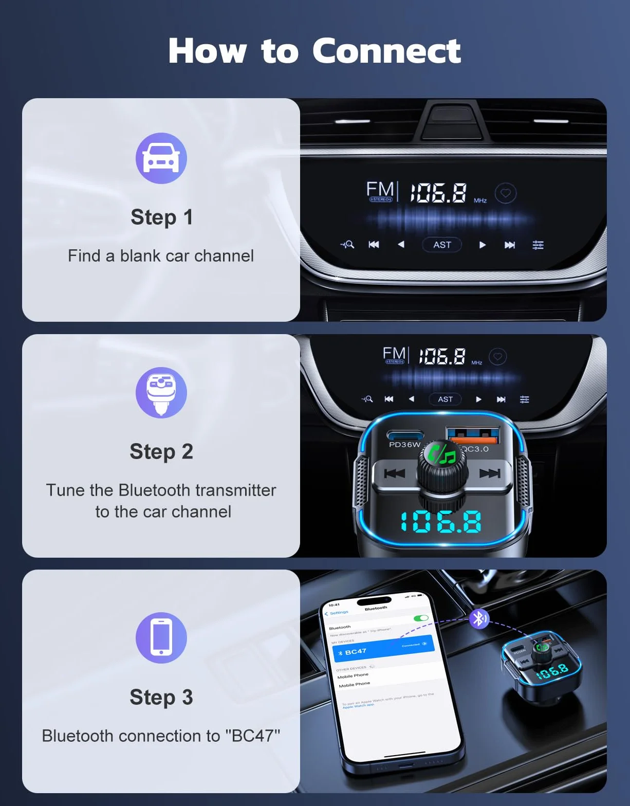 Glangeh adapter samochodowy Bluetooth 5.3 FM 2 w 1 szybka ładowarka 36W