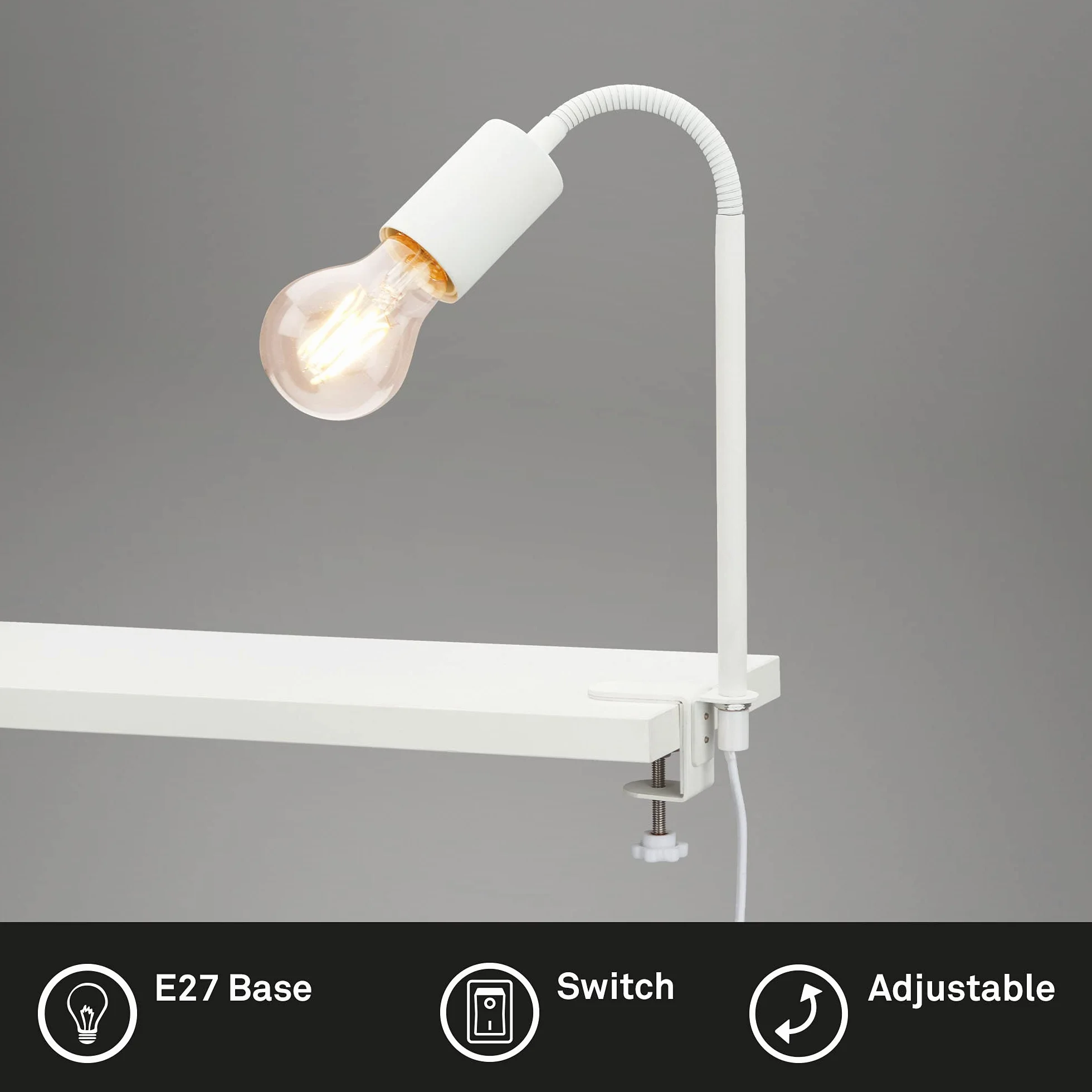 Briloner Leuchten - Lampa zaciskowa, lampa zaciskowa, 1x E27, maks. 10 W, w zestawie przełącznik kablowy, w zestawie elastyczne ramię, metal, biały, 477 mm