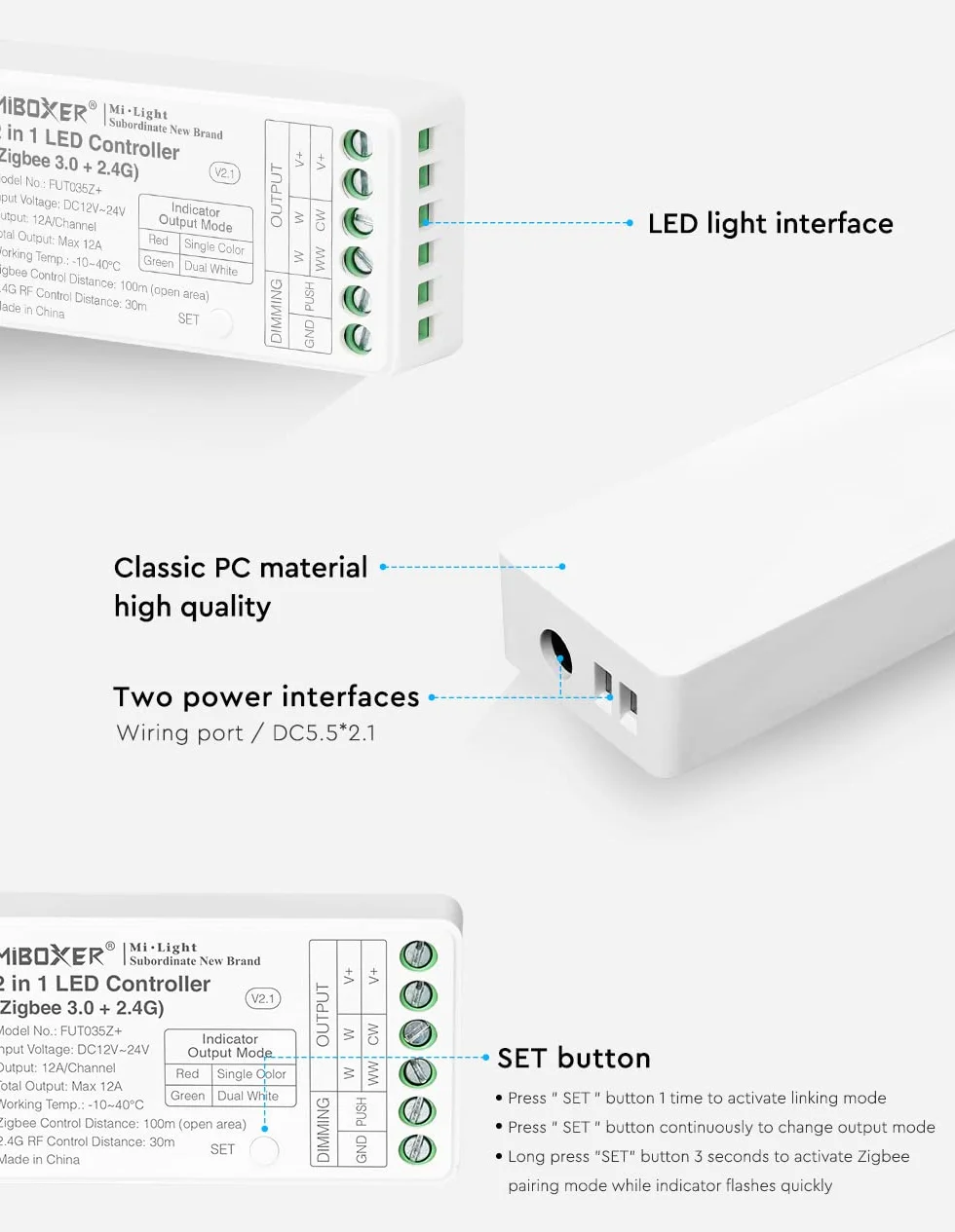 LGIDTECH FUT035Z+ 2 w 1 kontroler taśmy LED Zigbee 3.0 + 2,4G, działa z jednokolorowymi i CCT Dual-White LED pasami LED, kompatybilny z Philips Hue, Echo Plus (2. generacji)