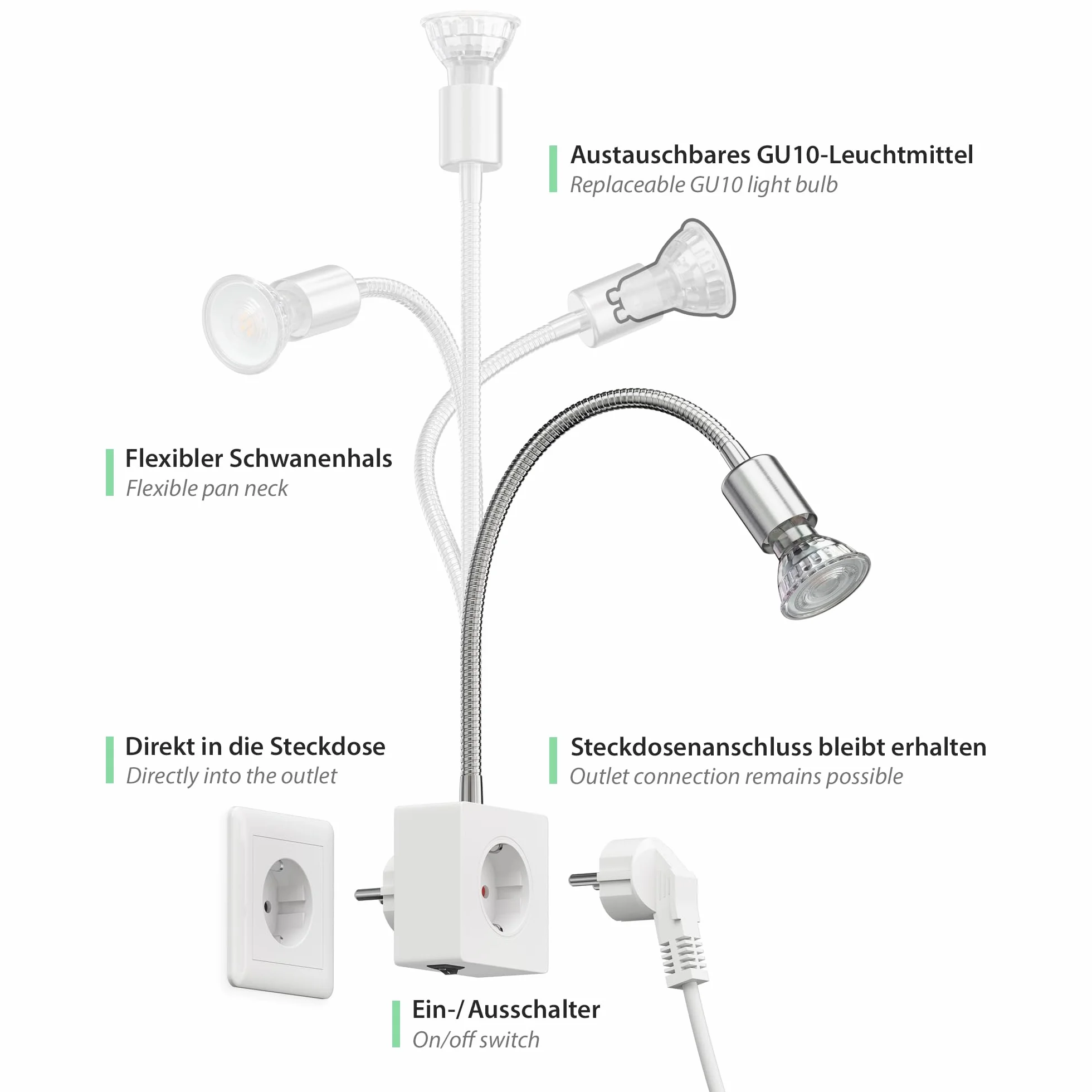 ledscom.de Lampka nocna/lampka do czytania LESCH, gęsia szyja, przełącznik, chrom/biały, 1x GU10 maks. 10W