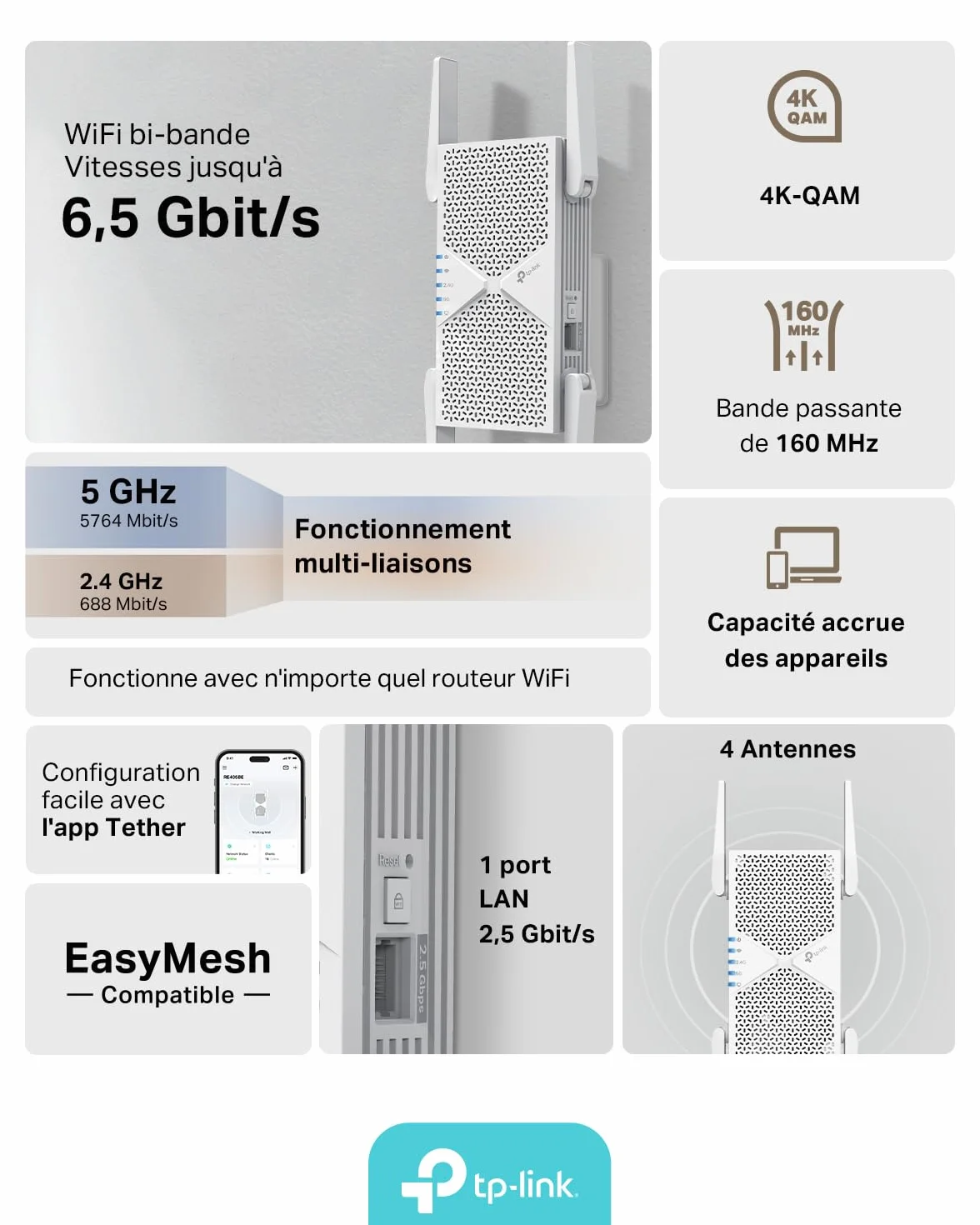 TP-Link RE405BE BE6500 Przedłużacz sygnału Wi-Fi 7 Dual Band 6,5 Gb/s 2,5 GbE EasyMesh