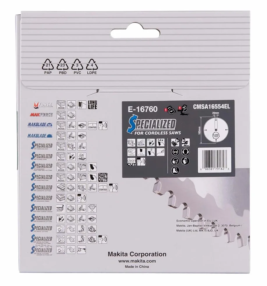 Makita E-16760 EFFICUT aluminiowy brzeszczot do piły tarczowej Ø 165 x 1,5 x 20 mm, 54 zęby, kąt 3°, do bardzo czystego i szybkiego cięcia aluminium, do akumulatorowych pił ręcznych i ukośnych