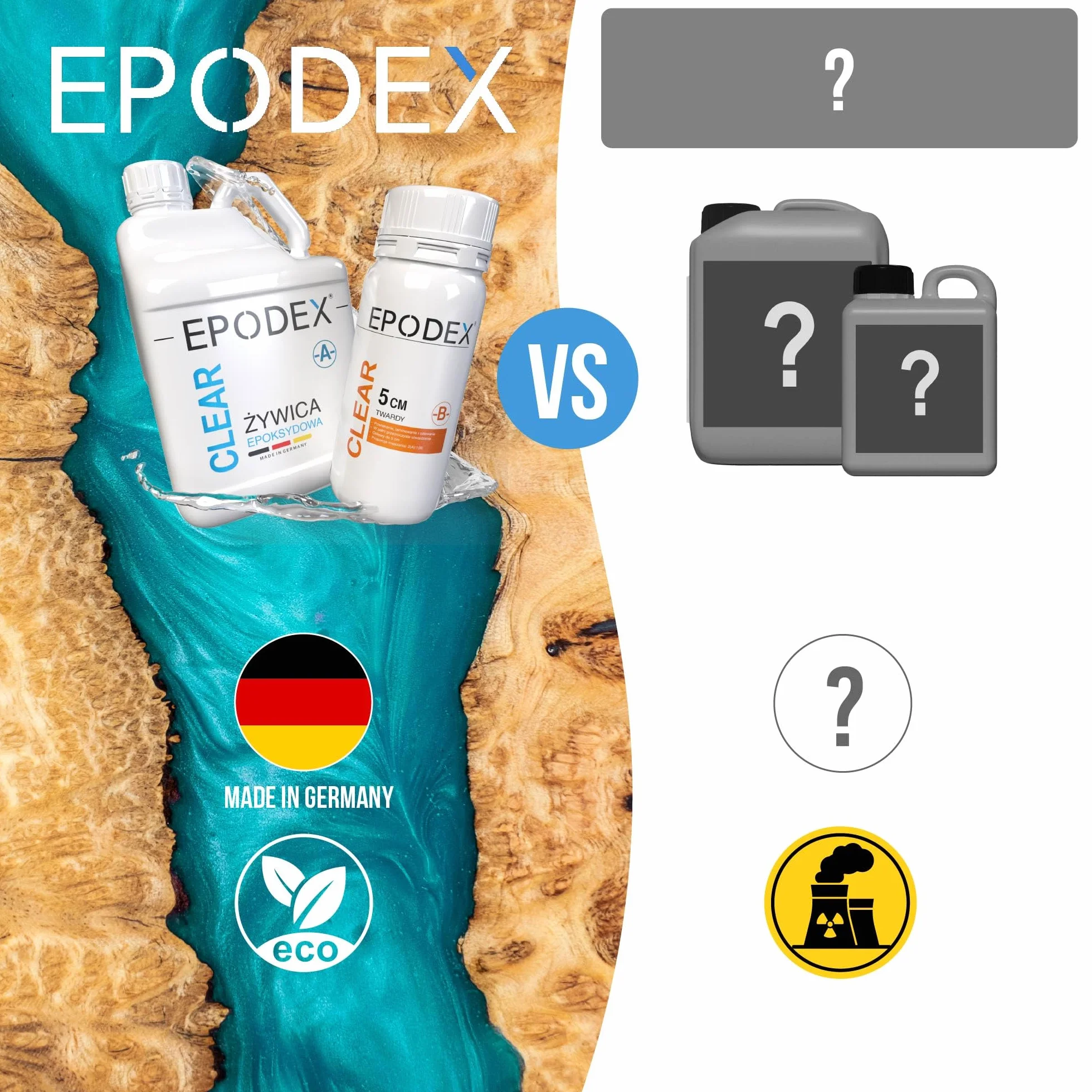 EPODEX Zestaw Żywicy Epoksydowej ECO+ | Przezroczysta do zalewów do 5cm | Z pigmentami lub bez | Do stołów typu river table, lamp, wysokich odlewów i innych projektów | 2-składnikowa żywica