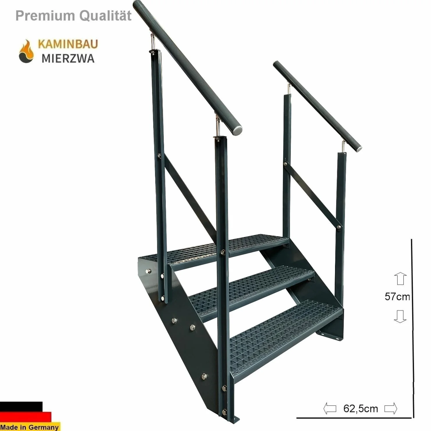 Schody stalowe klasy premium, z dwustronną poręczą, w całości antracytowe, RAL 7016/3 stopnie (szerokość 1400 mm) (wysokość 57 cm), odporne na warunki atmosferyczne, schodki ogrodowe