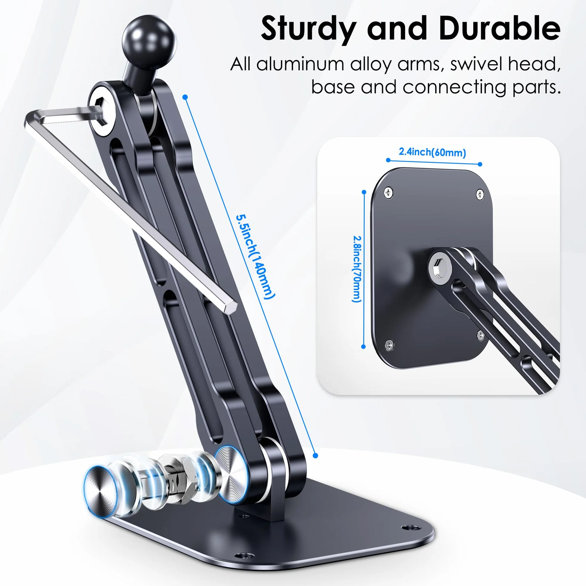 Aluminiowy składany uchwyt ścienny na tablet z regulowaną 360° podstawą obrotową do iPada Pro Air Mini, Galaxy Tab, tabletów 11.9-33.0 cm