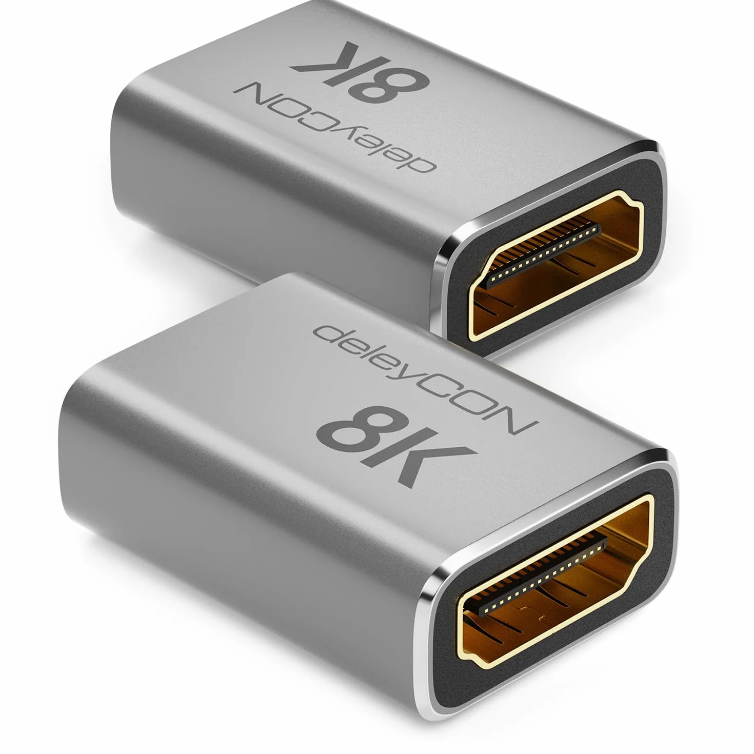 deleyCON 2 Szt. Złączka HDMI 2.1 8K (48G, Ultra High Speed) - Adapter 8K@60Hz, 4K@120Hz, 2K@144Hz/165Hz, EARC, HDCP 2.3/2.2, DTS:X - do HDR Dolby Atmos, TV, PS5, Xbox, Soundbara, Monitora - Srebrny
