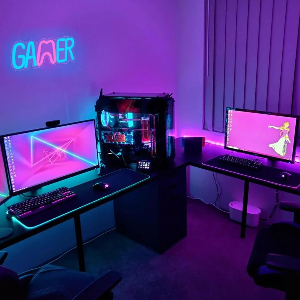 HOTUT Podświetlany Znak Gier Neon LED, Świetlna Dekoracja Ścienna (Gaming Neon/Napis), Nowoczesne Oświetlenie do Pokoju Gracza, Tło do Streamowania