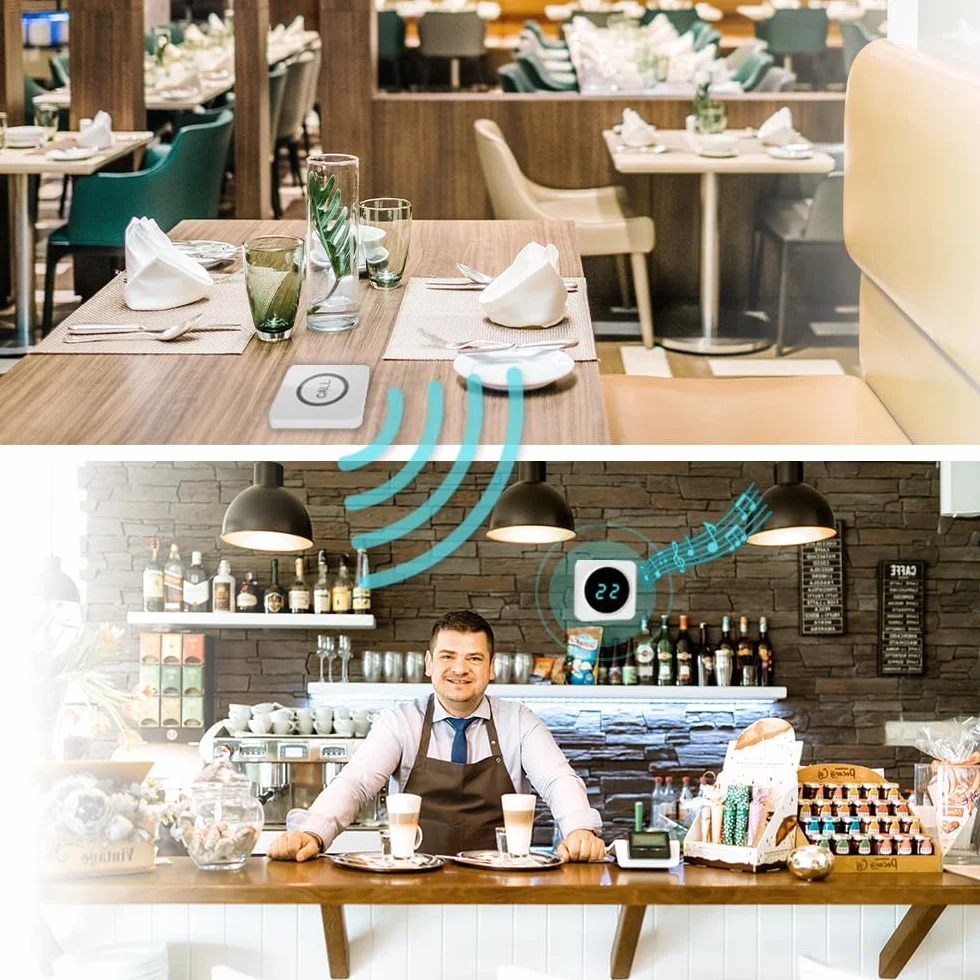 ALIBELL Bezprzewodowy system przywoławczy dla restauracji 8 przycisków wodoodpornych 1 odbiornik z wyświetlaczem