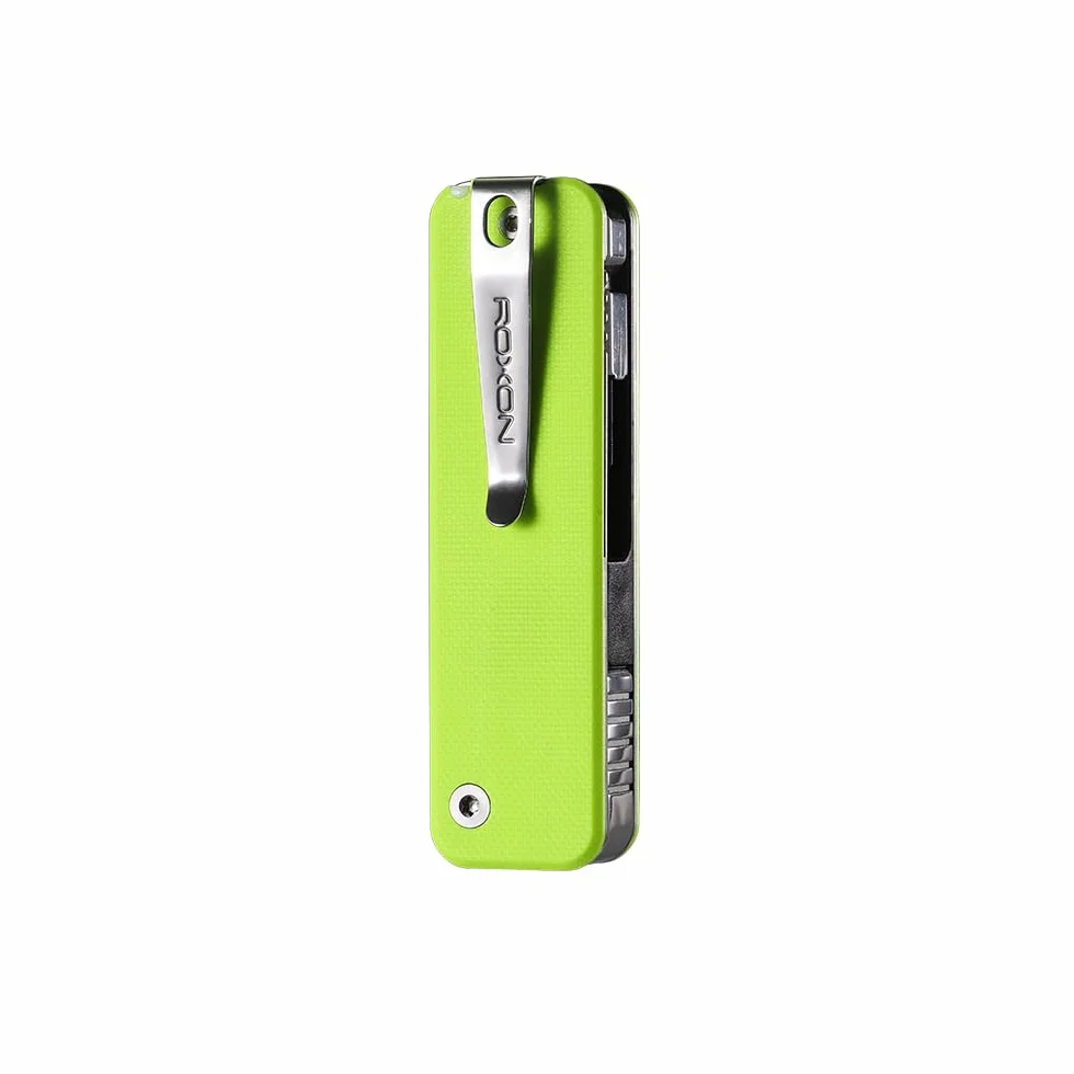 ROXON S503G Flex Companion Tool, modułowe narzędzie kieszonkowe, wstępnie zainstalowane z 8 niezbędnymi narzędziami (śrubokręt 1/4", ostrze D2, śrubokręt, piła stożkowa, nożyce itp.) (kolor neonowy)