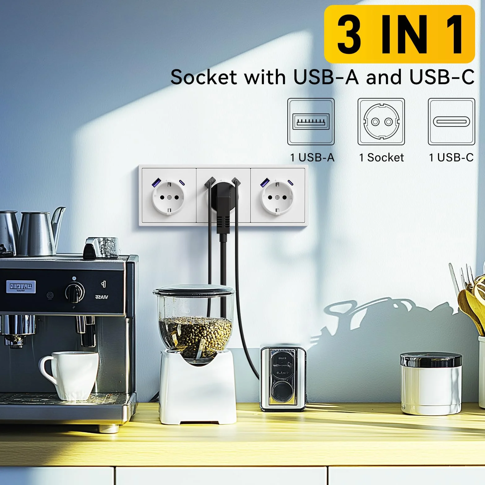 BSEED LIFE Gniazdko wtykowe z zestykiem ochronnym z USB/typ C 20 W, podtynkowe standardowe gniazda wtykowe z ramą PC, 80 x 220 mm, gniazdo inzelowe z pazurami, łatwa instalacja, 3-krotne, białe
