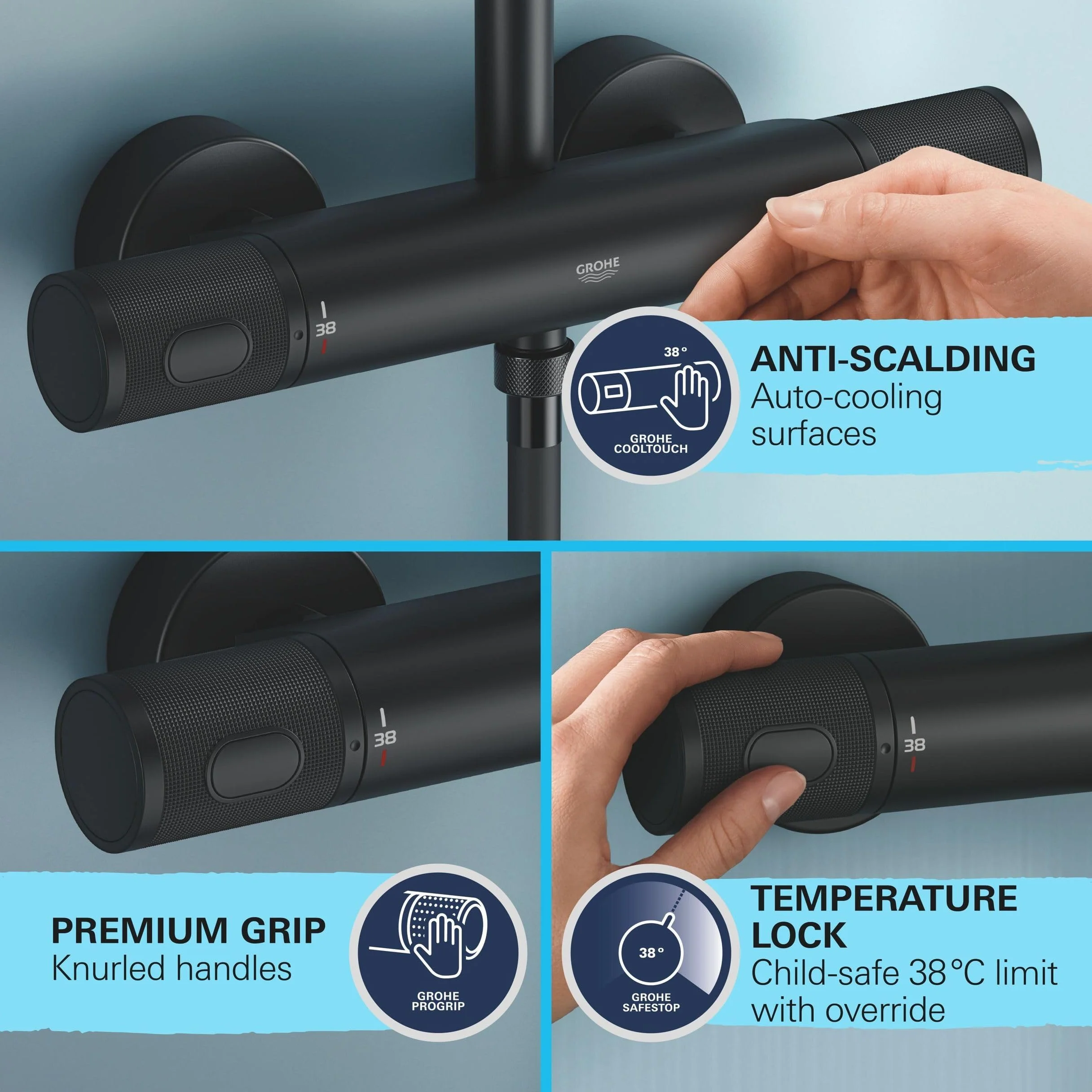 GROHE 26403KF2 Vitalio Joy Shower System prysznicowy z baterią termostatyczną do montażu na ścianie, Phantom Black