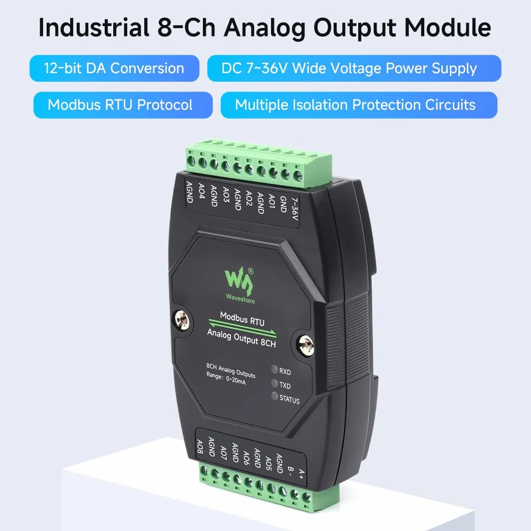 Waveshare Industrial 8-Ch Analog Output Module 12-Bit DA Modbus RTU DC 7-36V