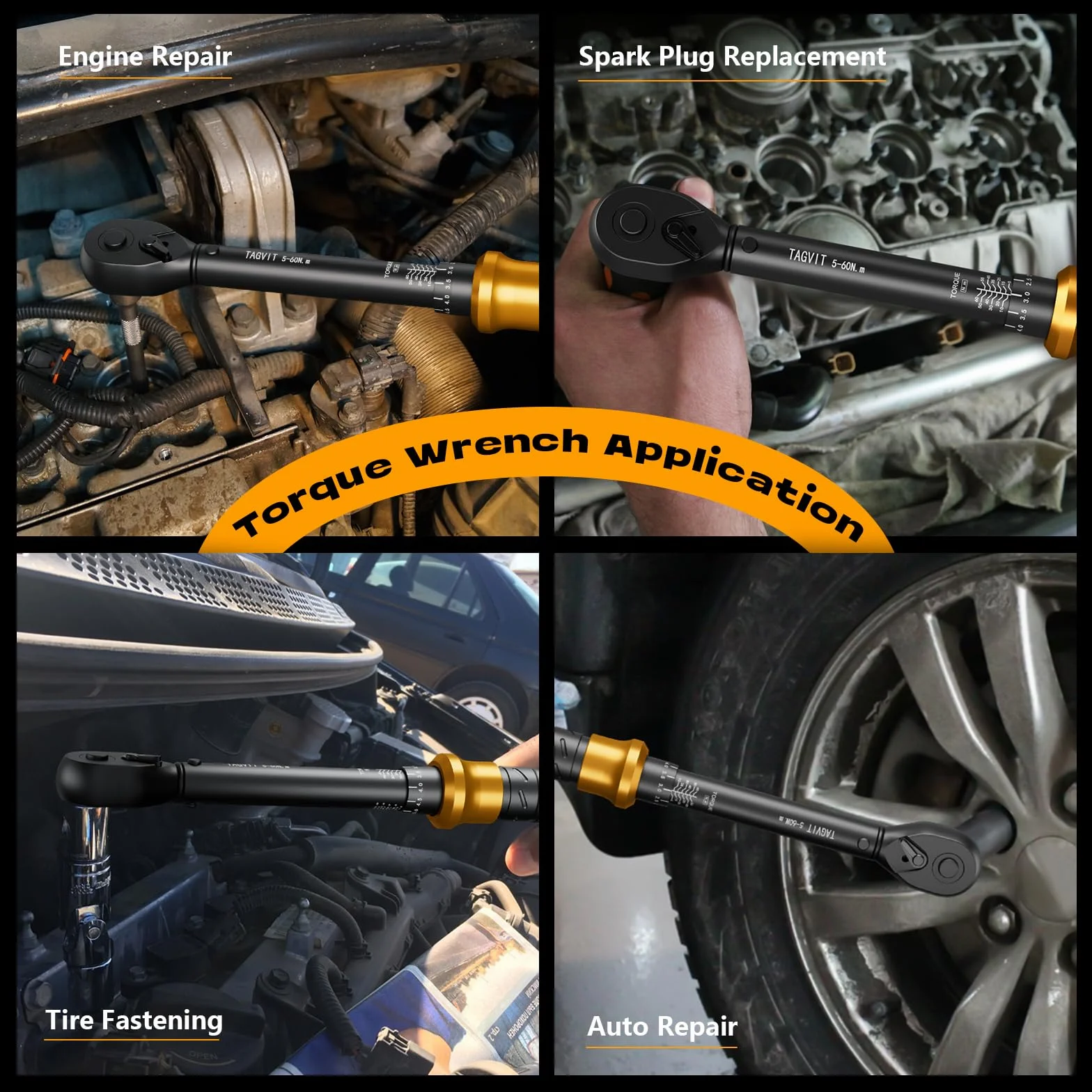 Klucz dynamometryczny 3/8", 5-60 Nm, dokładność ± 3%, 9 sztuk kluczy dynamometrycznych z przedłużką 250 mm, magnetycznym gniazdem świecy, adapterem i gniazdkiem, do zmiany świec samochodowych