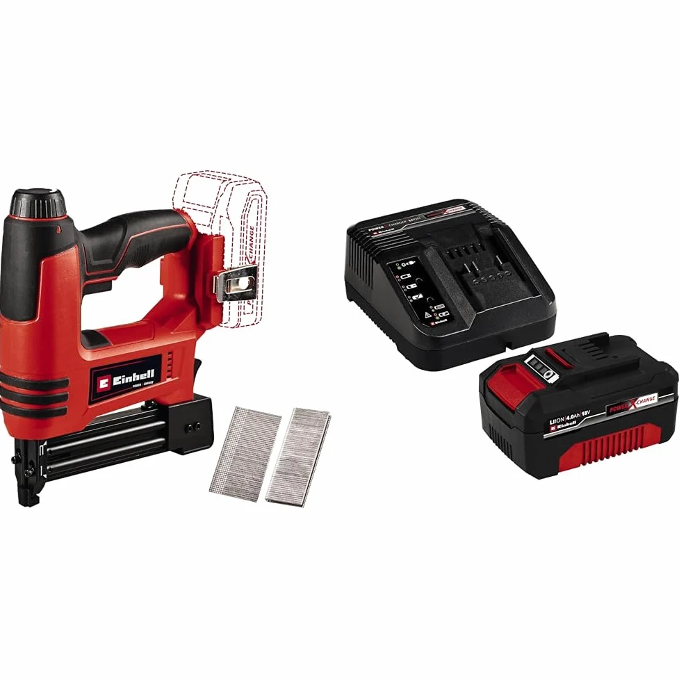 Einhell TE-CN 18 Li Solo Akku-Tacker & Einhell Power X-Change Akumulator z Ładowarką, Czarny/Czerwony, ‎12,8 x 10,5 x 5,7 cm; 1,13 kg