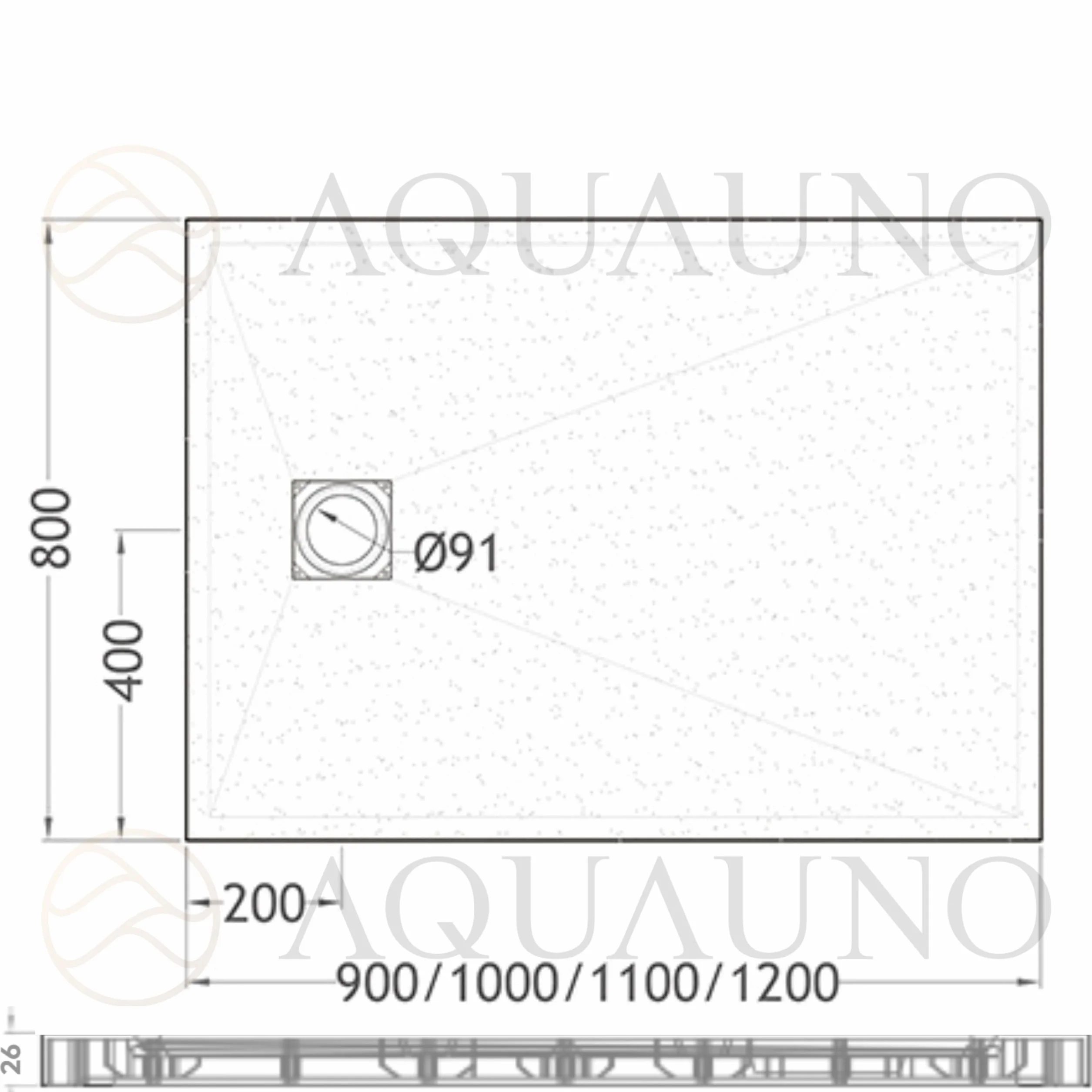 AQUAUNO Brodzik prysznicowy 110 x 80 cm o wyglądzie kamienia, ultra płaski 2,6 cm – brodzik z kompozytu SMC, w zestawie syfon, odpływ 90 mm, czyszczenie od góry, biały