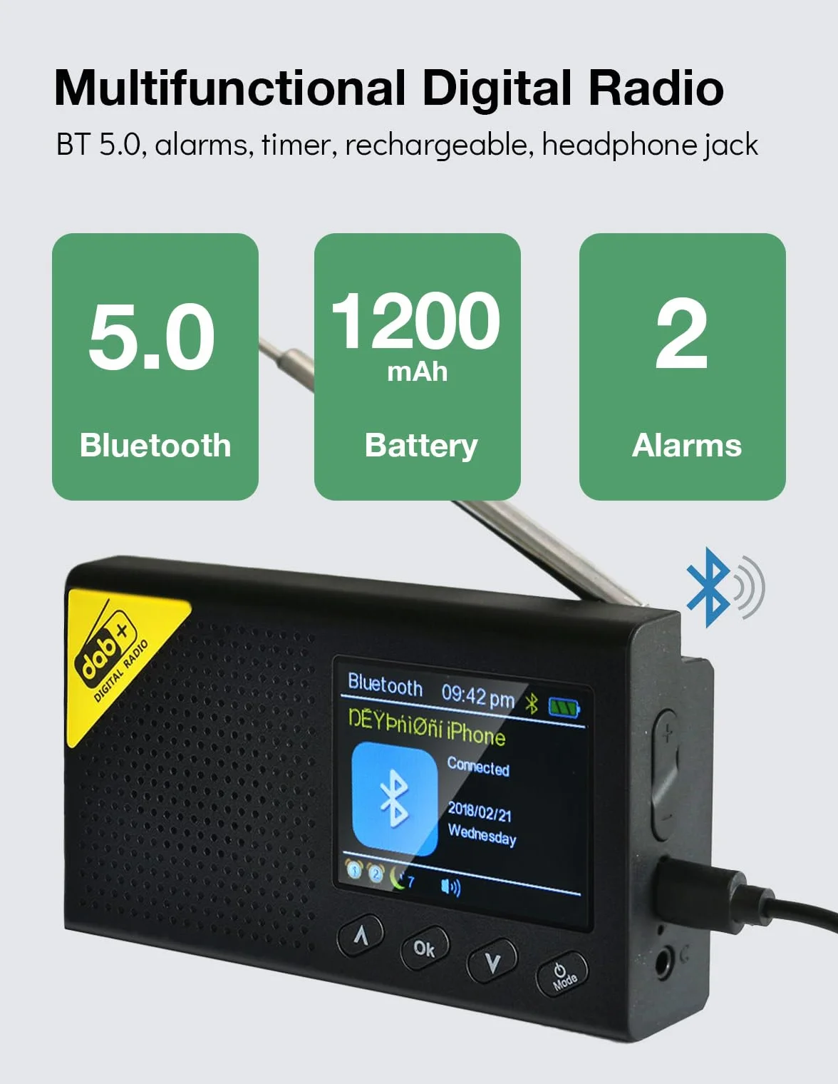 Radio DAB+ Bluetooth przenośne z budzikiem, wyłącznikiem czasowym, 40 stacji, 2,4" wyświetlacz