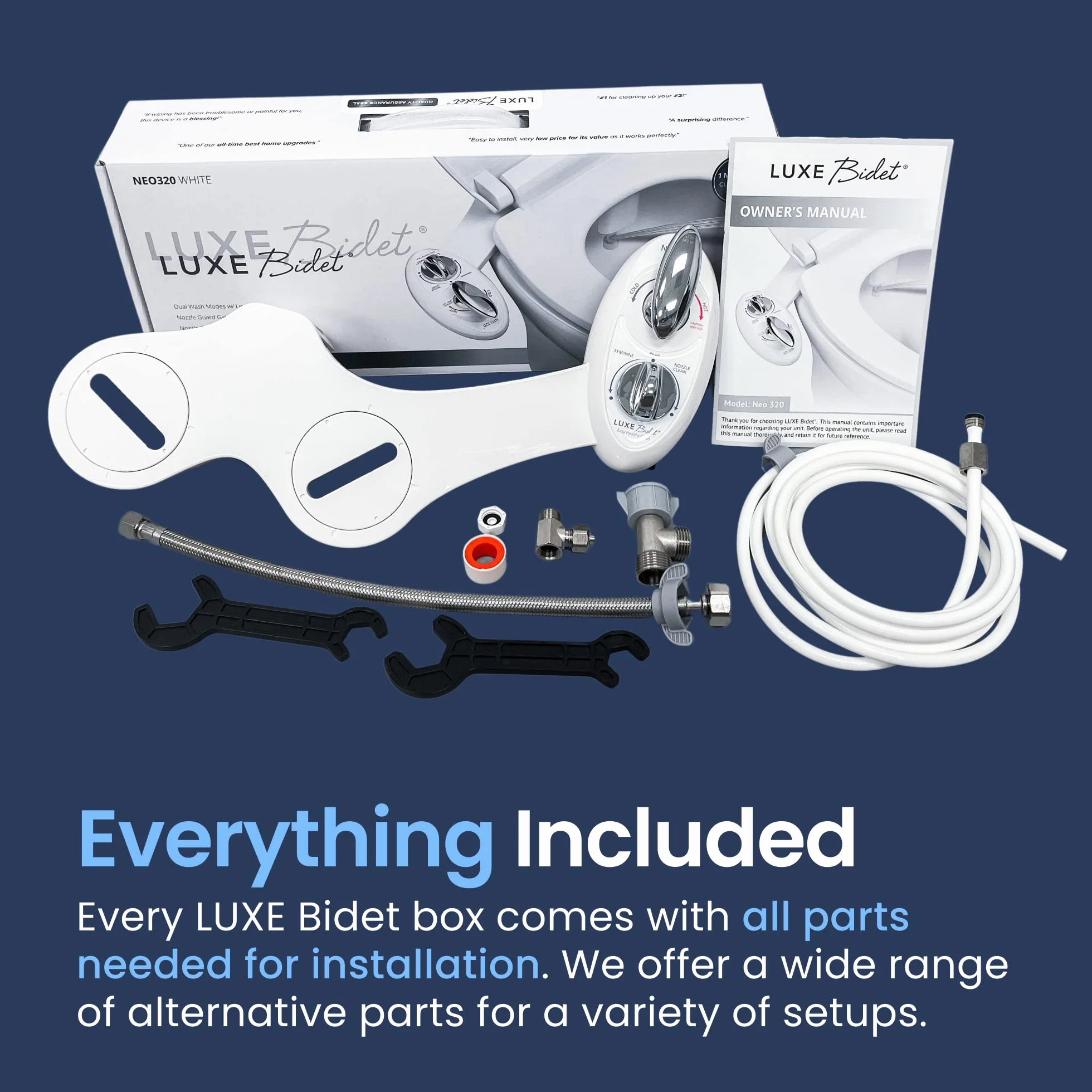 Luxe Bidet Neo 320 biała 320-samoczyszcząca podwójna dysza - gorąca i zimna woda nieelektryczna mechaniczna nasadka do toalety, 43 x 25,4 x 7,6 cm.