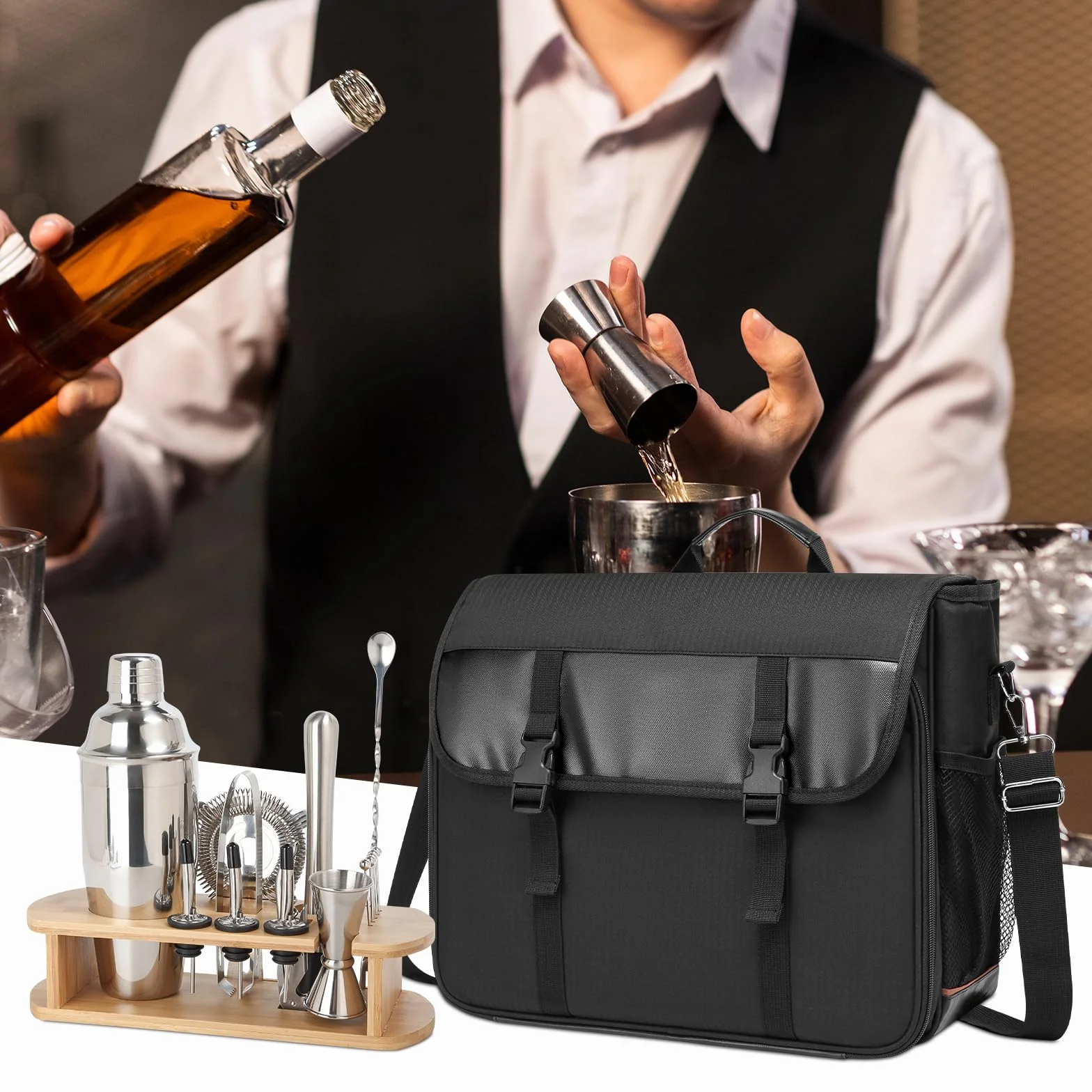 Torba barmanska na zestaw shakera do koktajli, torba messenger z wyściełanymi przegrodami na zestaw barmańskiego ekwipunku do podróży, przenośny pojemnik na narzędzia idealny do mieszania