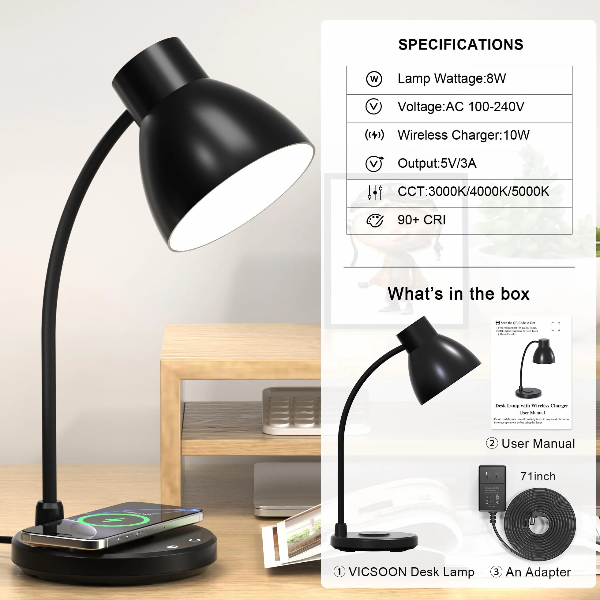 Lampy biurkowe do domowego biura – lampa biurkowa LED z bezprzewodową ładowarką, 3 tryby kolorów, możliwość ściemniania, troska o wzrok, lampka do czytania, mała elastyczna lampa stołowa do